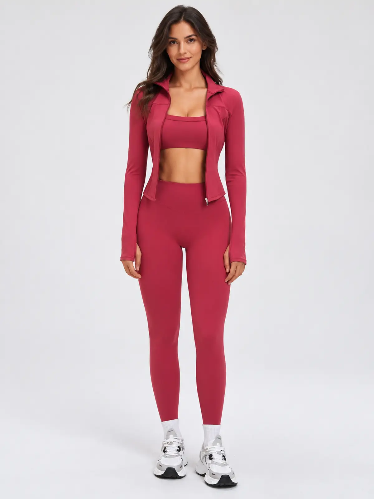 Fresco Thread Scoop-Neck Sports Bra, Zip-Front Jacket and Leggings Set — cherry red — general — authoritative variation match