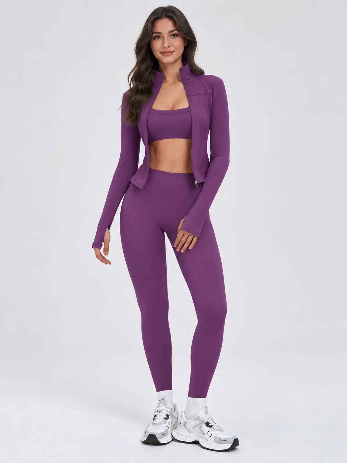Fresco Thread Scoop-Neck Sports Bra, Zip-Front Jacket and Leggings Set — purple — general — authoritative variation image