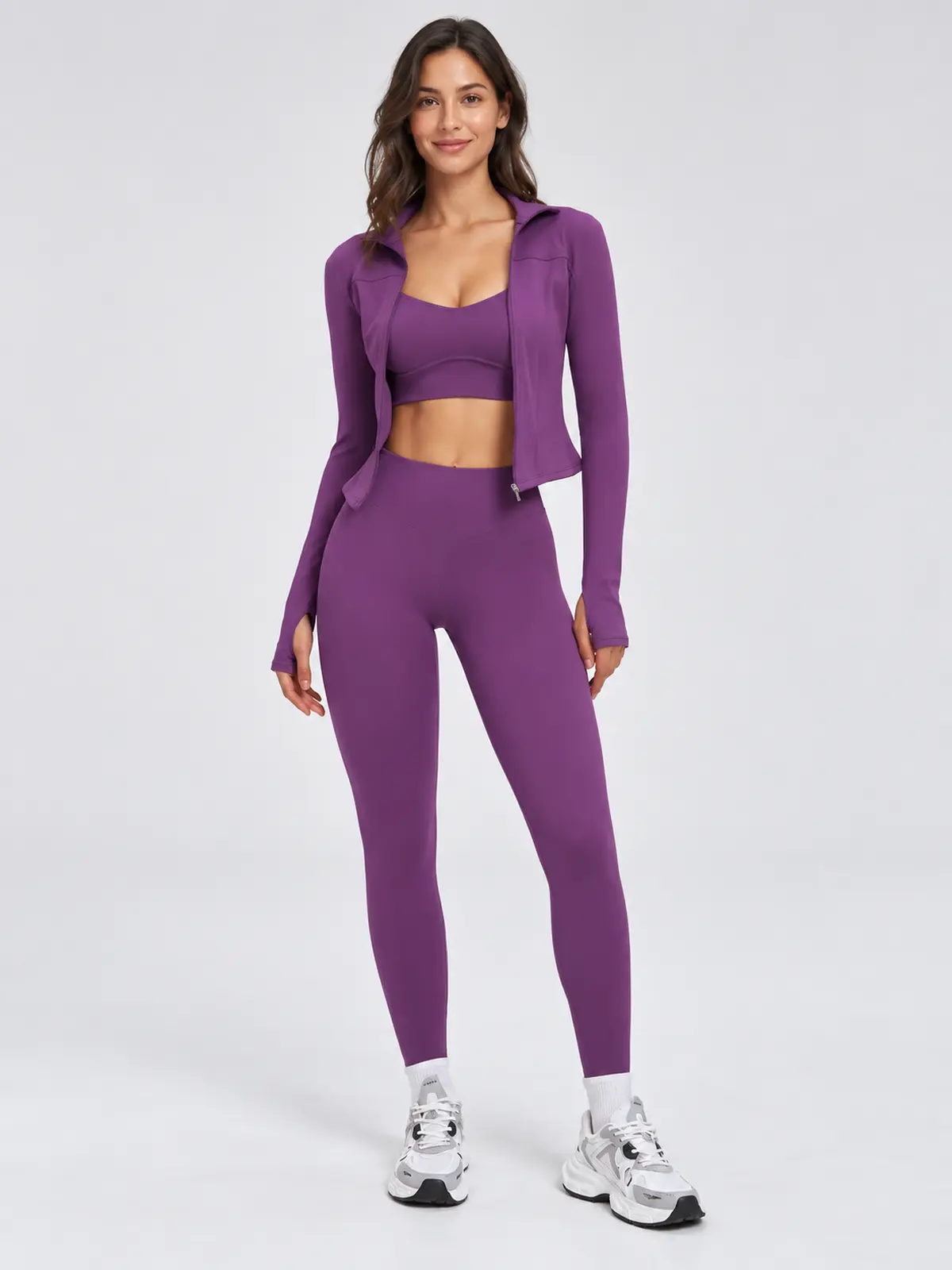 Fresco Thread Scoop-Neck Sports Bra, Zip-Front Jacket and Leggings Set — purple — general — authoritative variation match