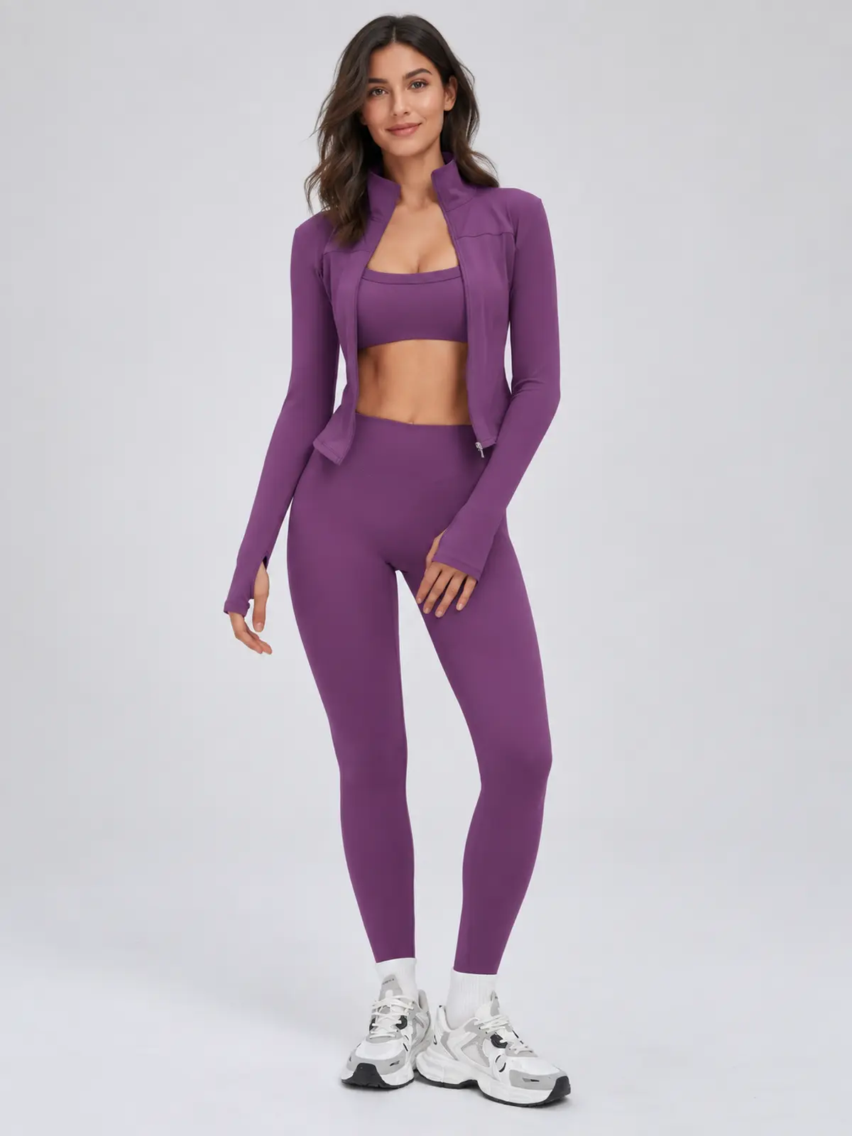 Fresco Thread Scoop-Neck Sports Bra, Zip-Front Jacket and Leggings Set — purple — general — authoritative variation match