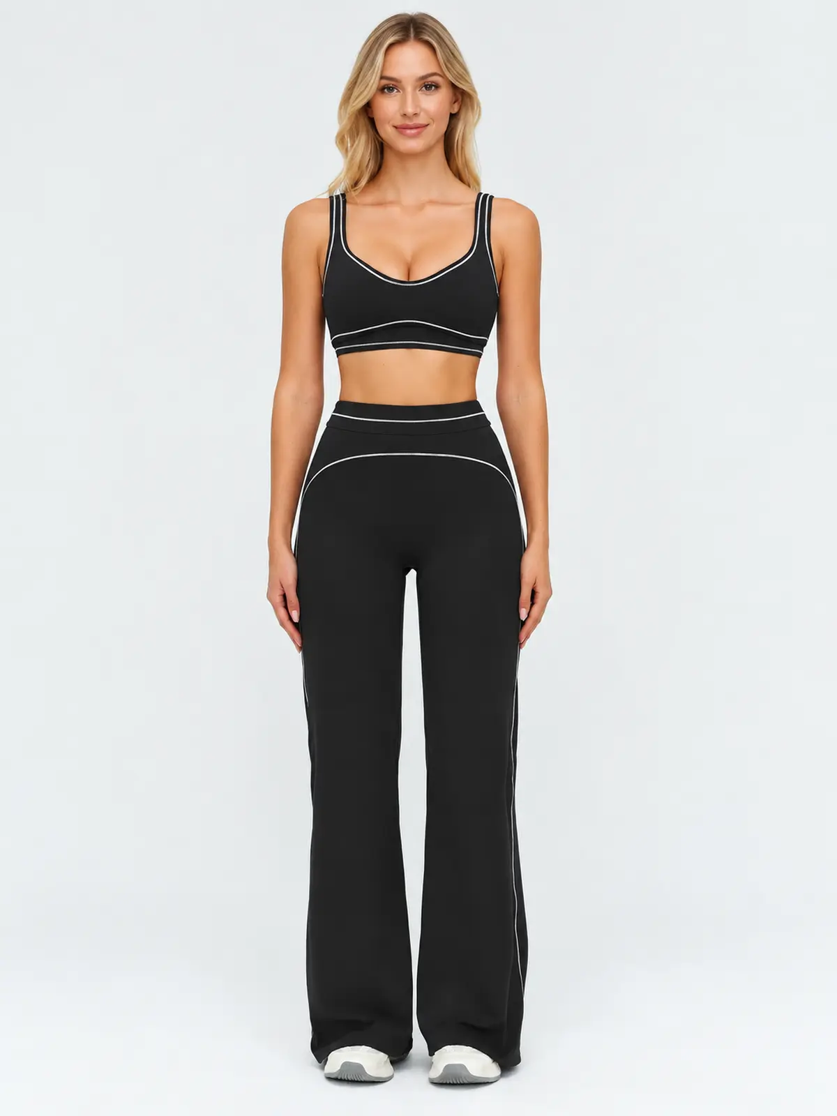 Garnet Quill Sports Bra and Flare Leggings Set — black with white contrast piping — general — authoritative variation image