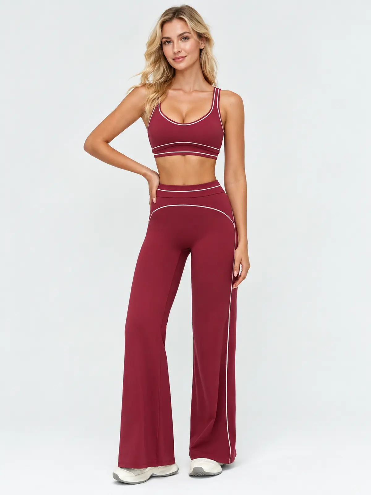 Garnet Quill Sports Bra and Flare Leggings Set — burgundy red with white contrast piping — general — authoritative variation image