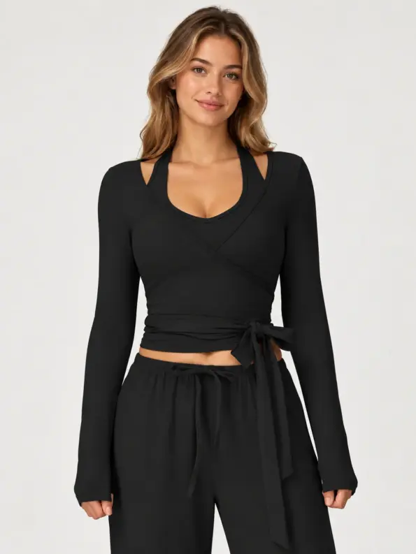 Glimmer Fold Long-Sleeve Wrap Yoga Top — black — long-sleeve-top — authoritative variation image