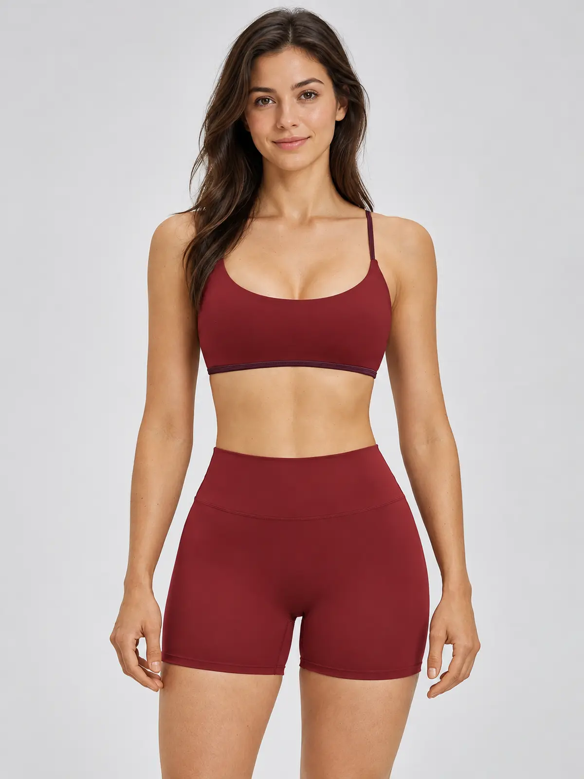 Grove Lantern Scoop-Neck Sports Bra and Bike Shorts Set — burgundy — general — authoritative variation image
