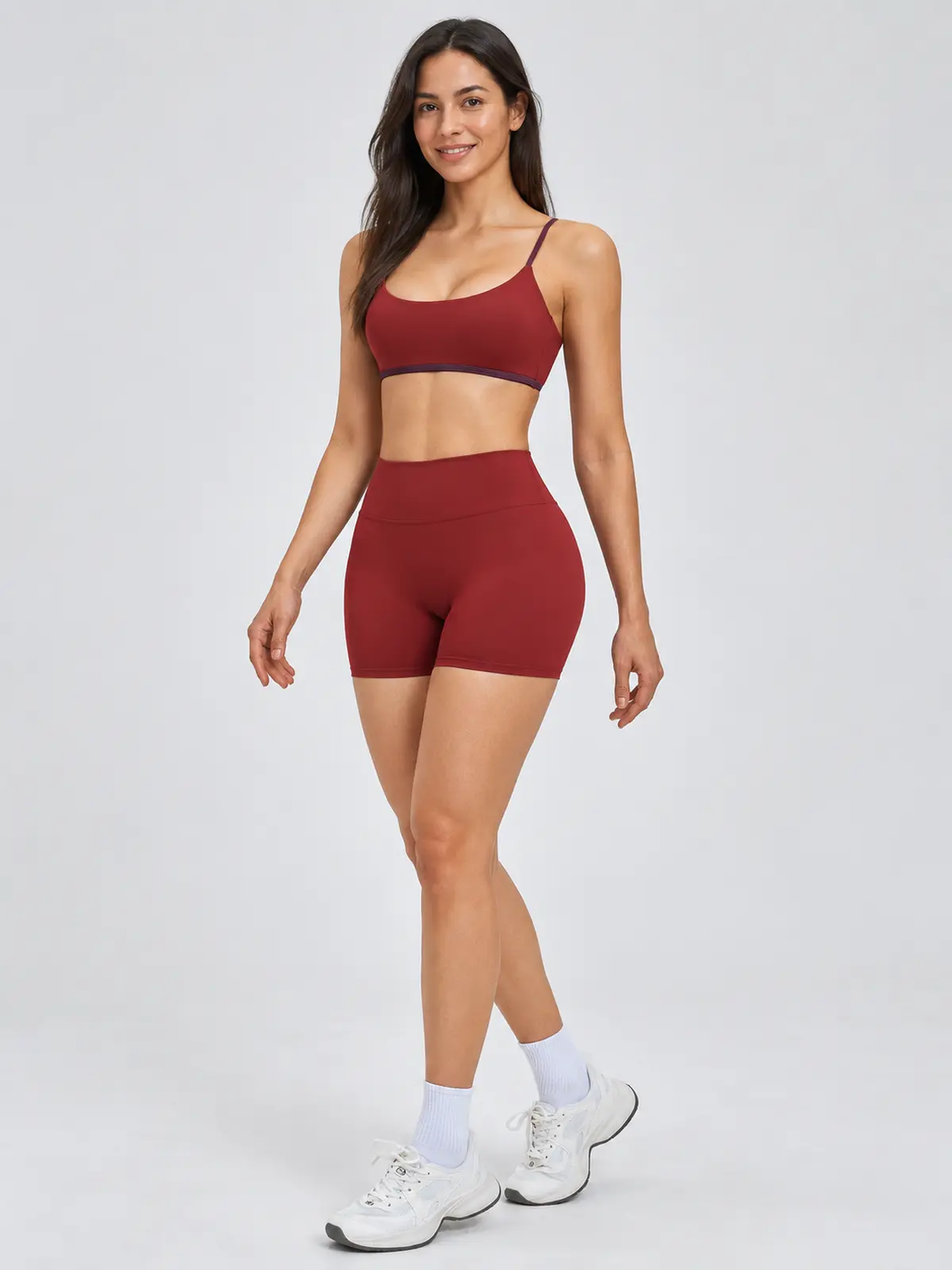 Grove Lantern Scoop-Neck Sports Bra and Bike Shorts Set — burgundy — general — authoritative variation match