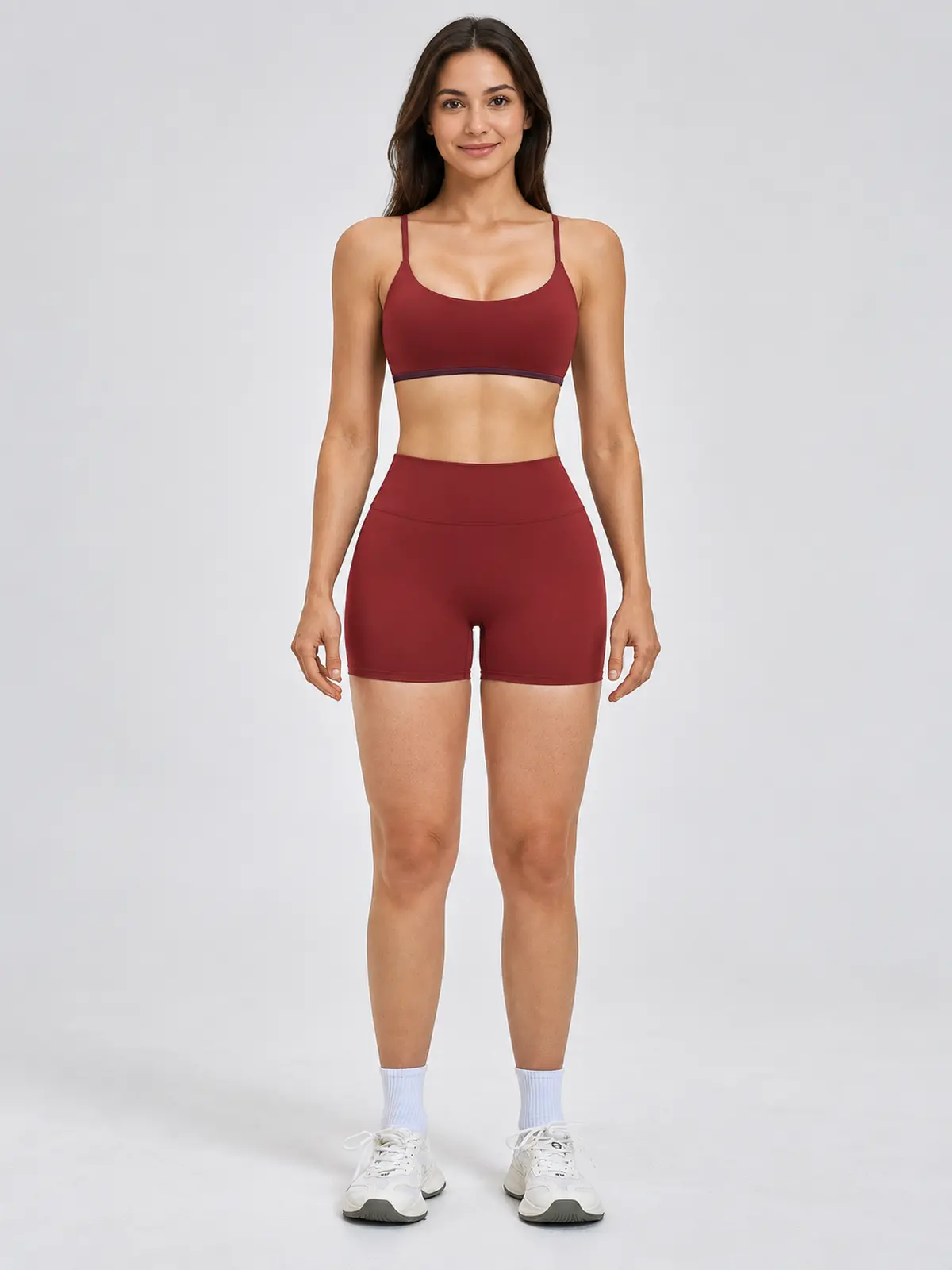 Grove Lantern Scoop-Neck Sports Bra and Bike Shorts Set — burgundy — general — authoritative variation match