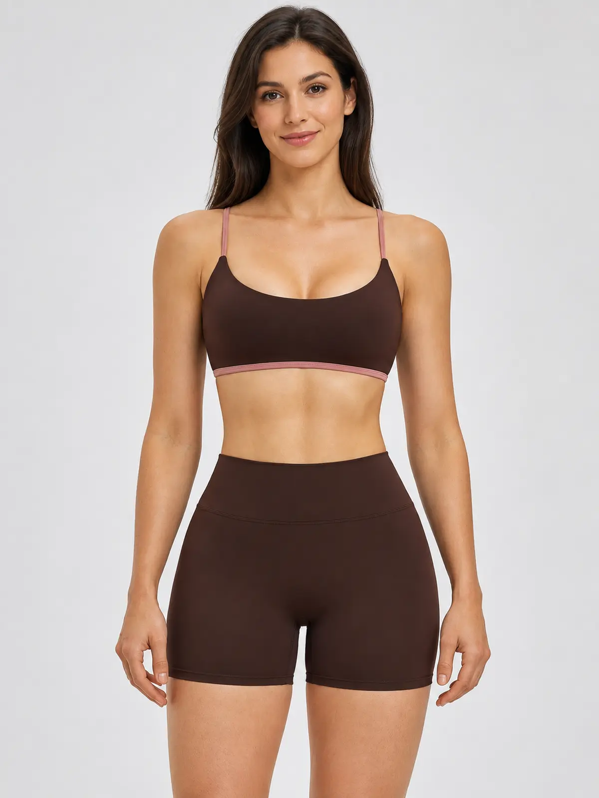 Grove Lantern Scoop-Neck Sports Bra and Bike Shorts Set — dark brown with dusty pink trim — general — authoritative variation image