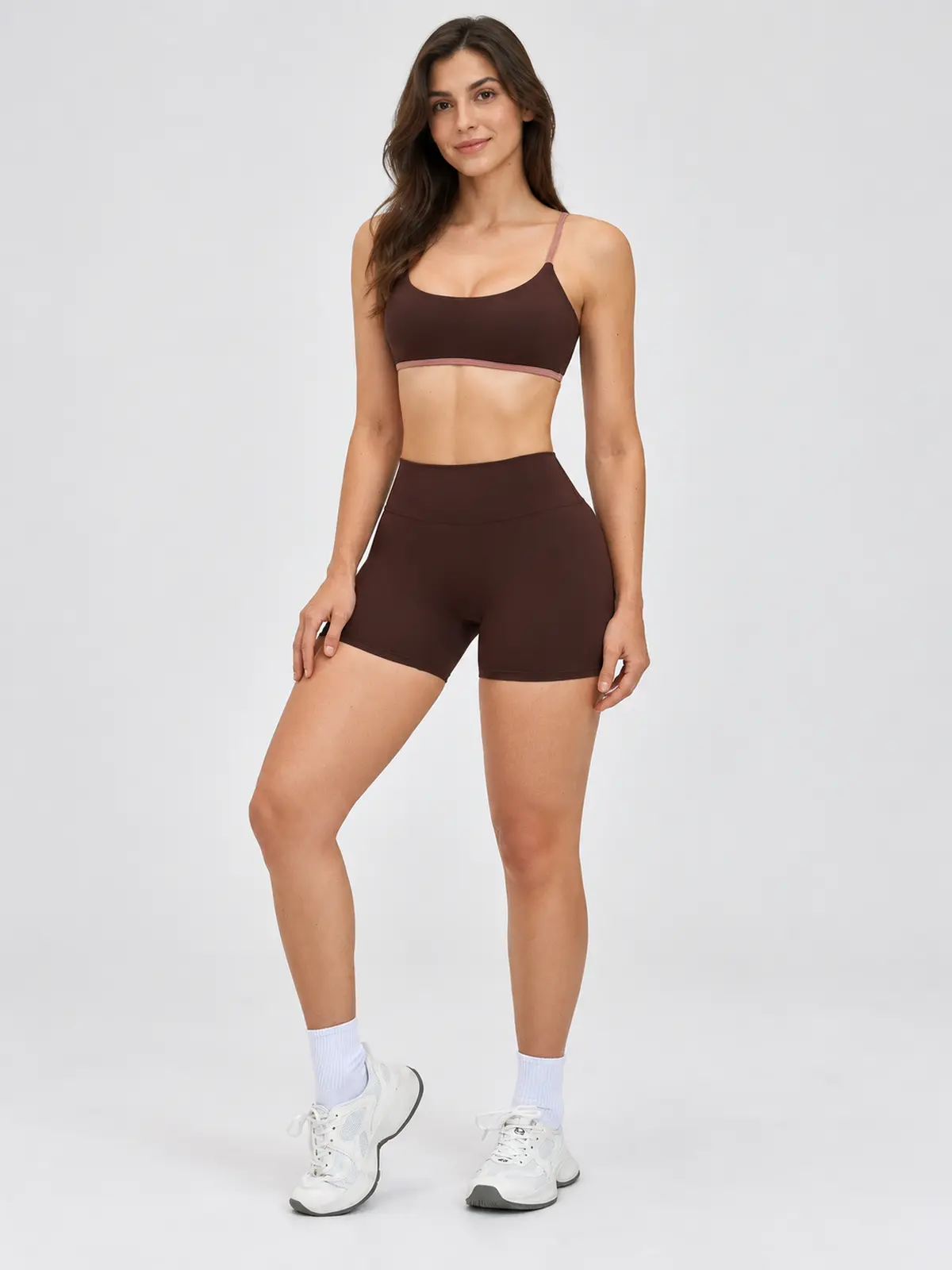 Grove Lantern Scoop-Neck Sports Bra and Bike Shorts Set — dark brown with dusty pink trim — general — authoritative variation match