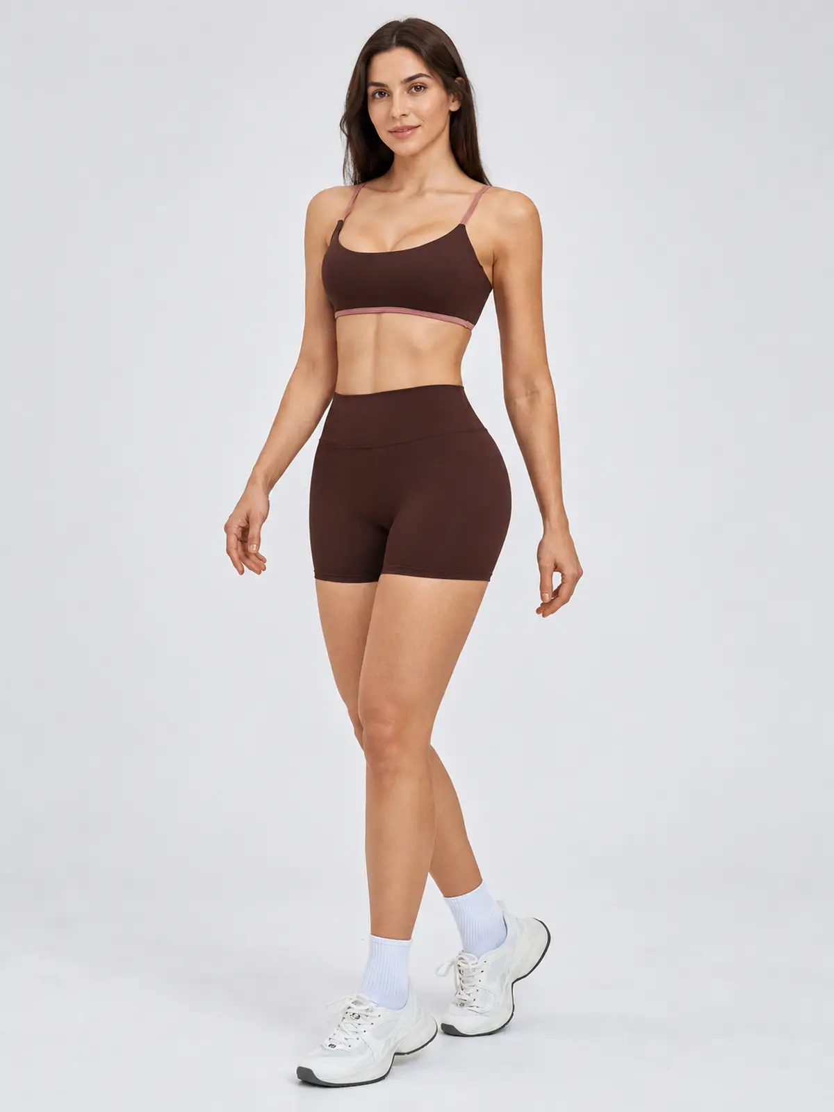 Grove Lantern Scoop-Neck Sports Bra and Bike Shorts Set — dark brown with dusty pink trim — general — authoritative variation match