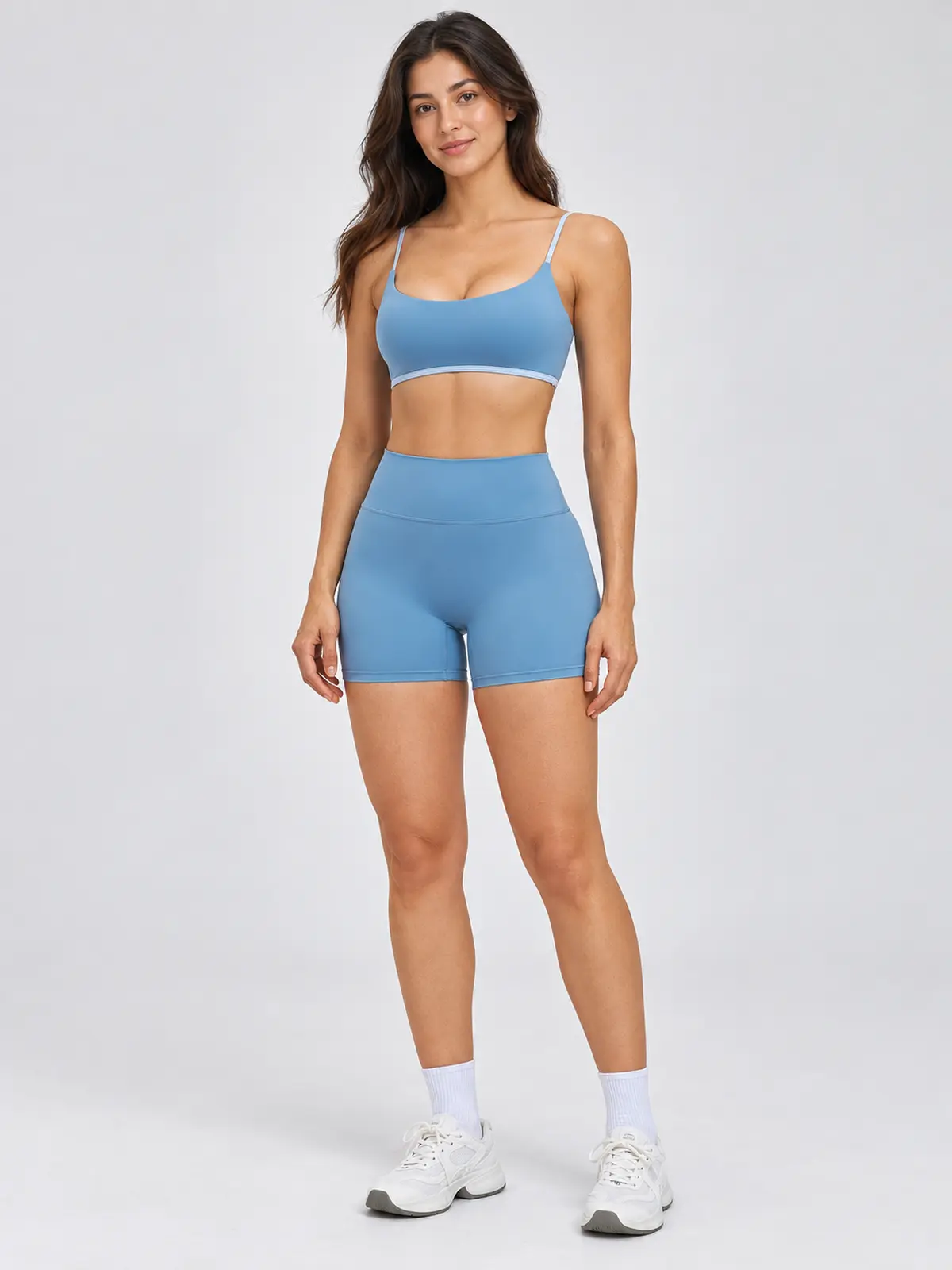 Grove Lantern Scoop-Neck Sports Bra and Bike Shorts Set — light blue — general — authoritative variation match