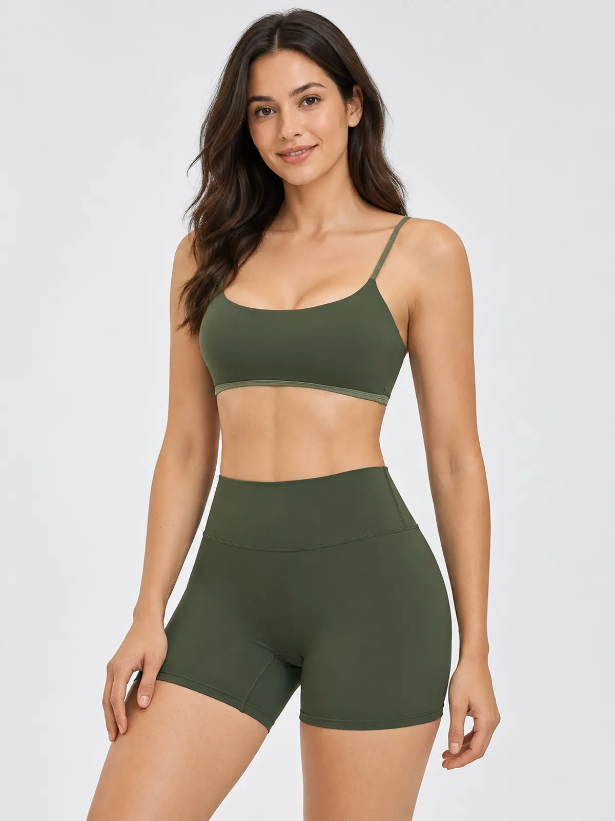 Grove Lantern Scoop-Neck Sports Bra and Bike Shorts Set — moss green — general — authoritative variation match
