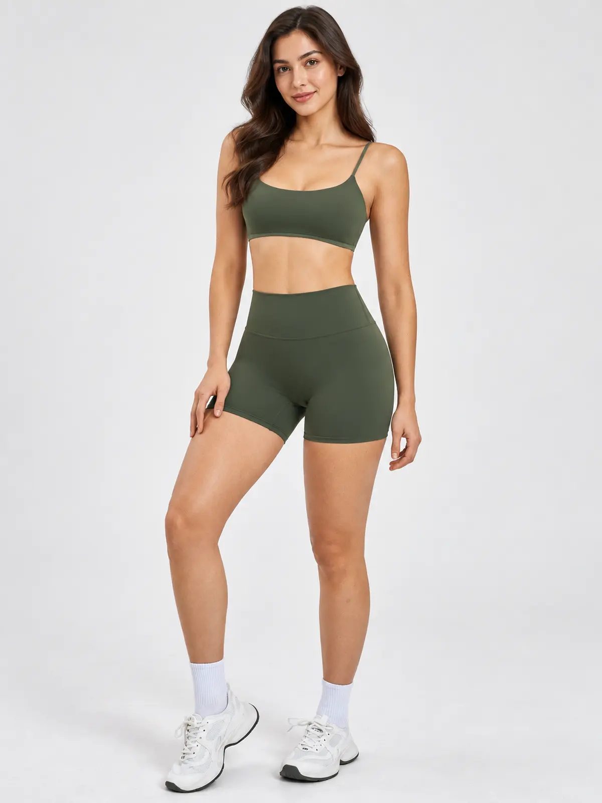 Grove Lantern Scoop-Neck Sports Bra and Bike Shorts Set — moss green — general — authoritative variation match