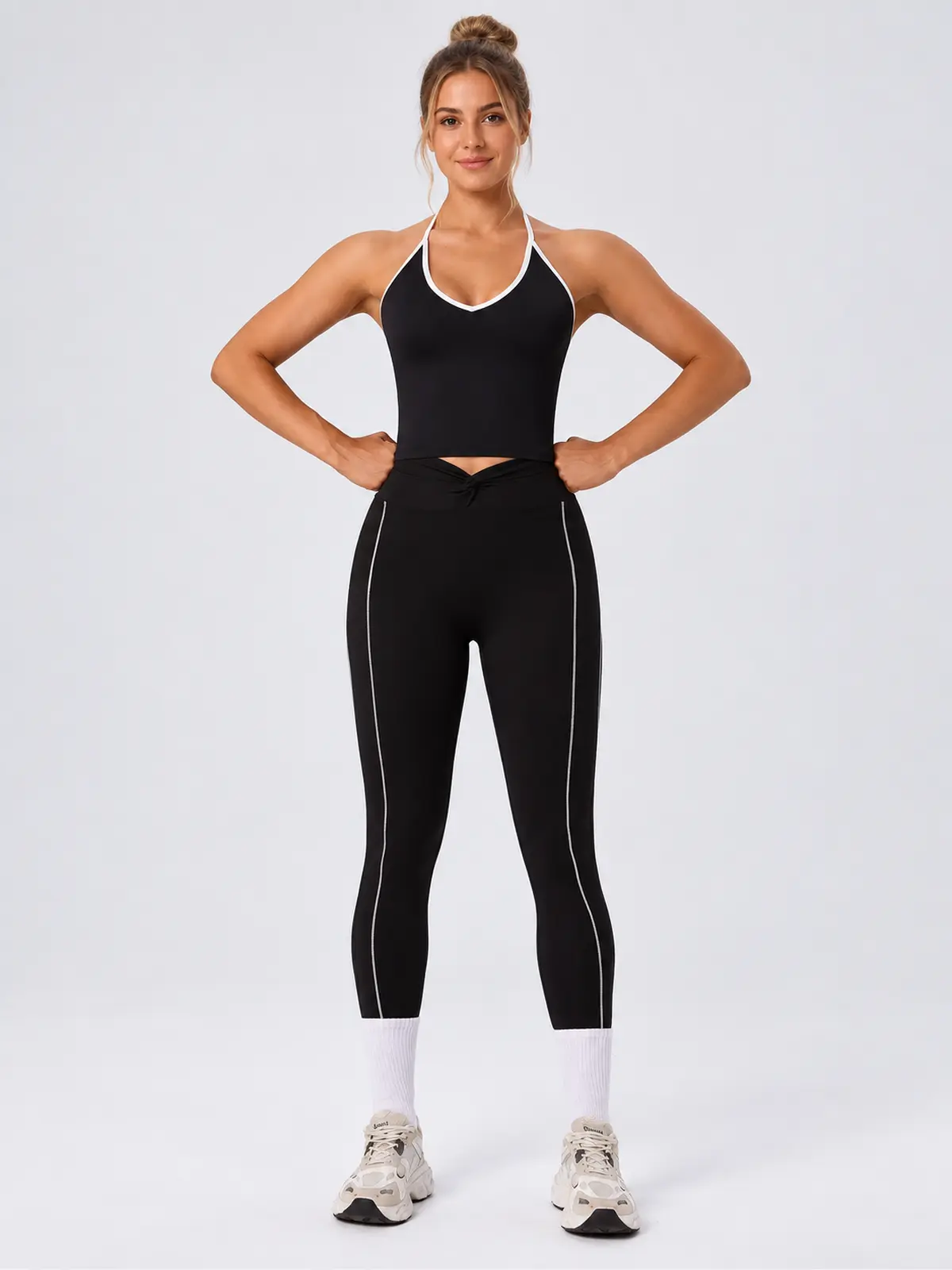 Halter Trace Contrast-Trim Tank Top and Full-Length Leggings Set — black with white trim — general — authoritative variation image