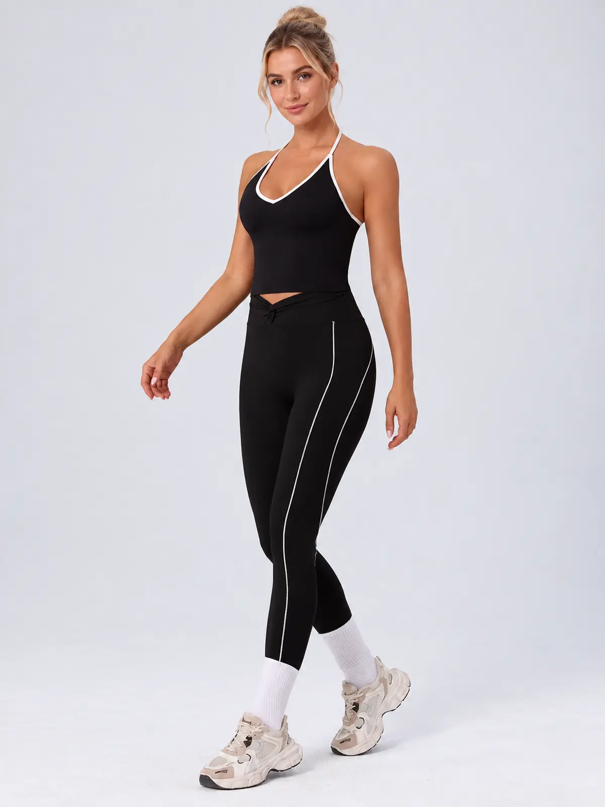 Halter Trace Contrast-Trim Tank Top and Full-Length Leggings Set — black with white trim — general — authoritative variation match