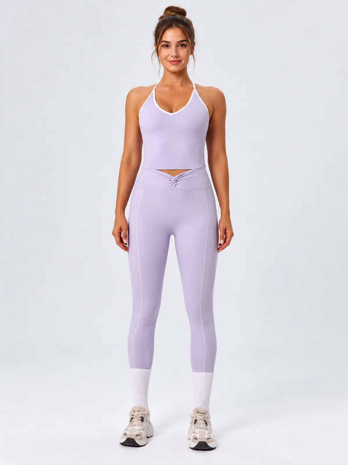 Halter Trace Contrast-Trim Tank Top and Full-Length Leggings Set — lavender — general — authoritative variation image
