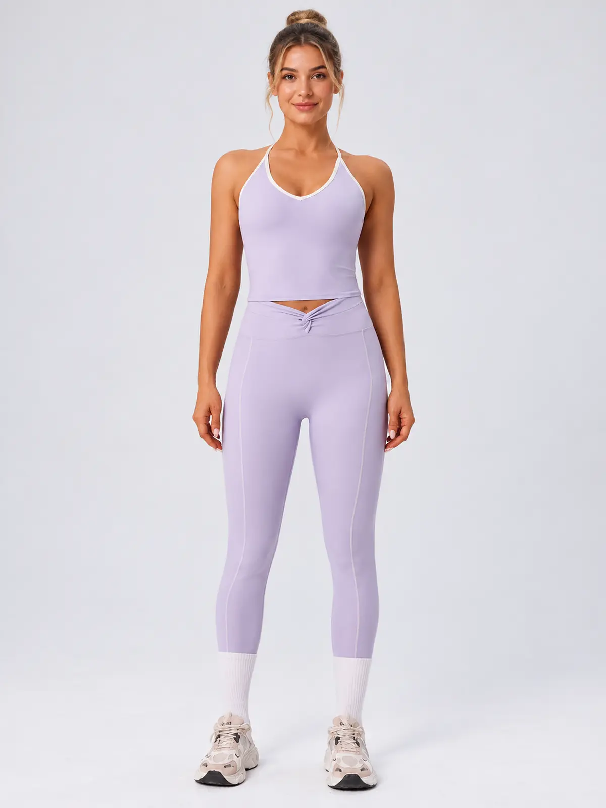 Halter Trace Contrast-Trim Tank Top and Full-Length Leggings Set — lavender — general — authoritative variation match