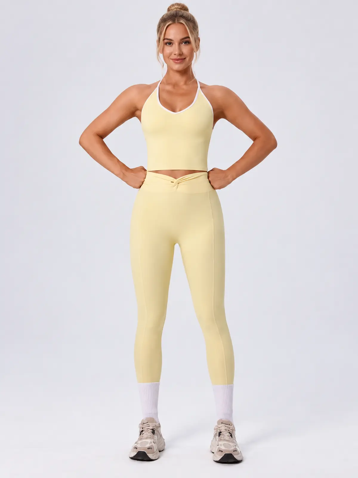 Halter Trace Contrast-Trim Tank Top and Full-Length Leggings Set — pale yellow — general — authoritative variation image