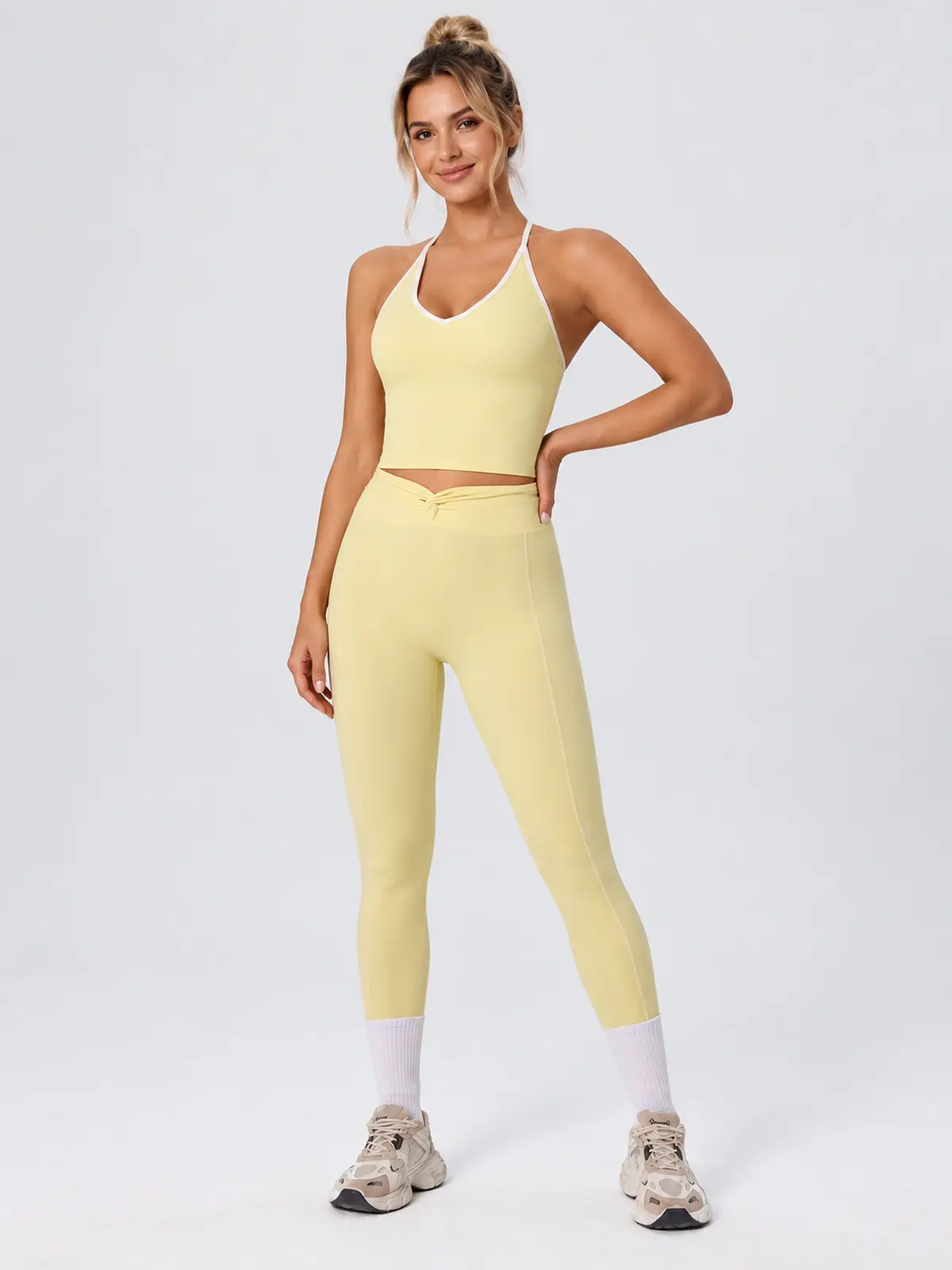 Halter Trace Contrast-Trim Tank Top and Full-Length Leggings Set — pale yellow — general — authoritative variation match