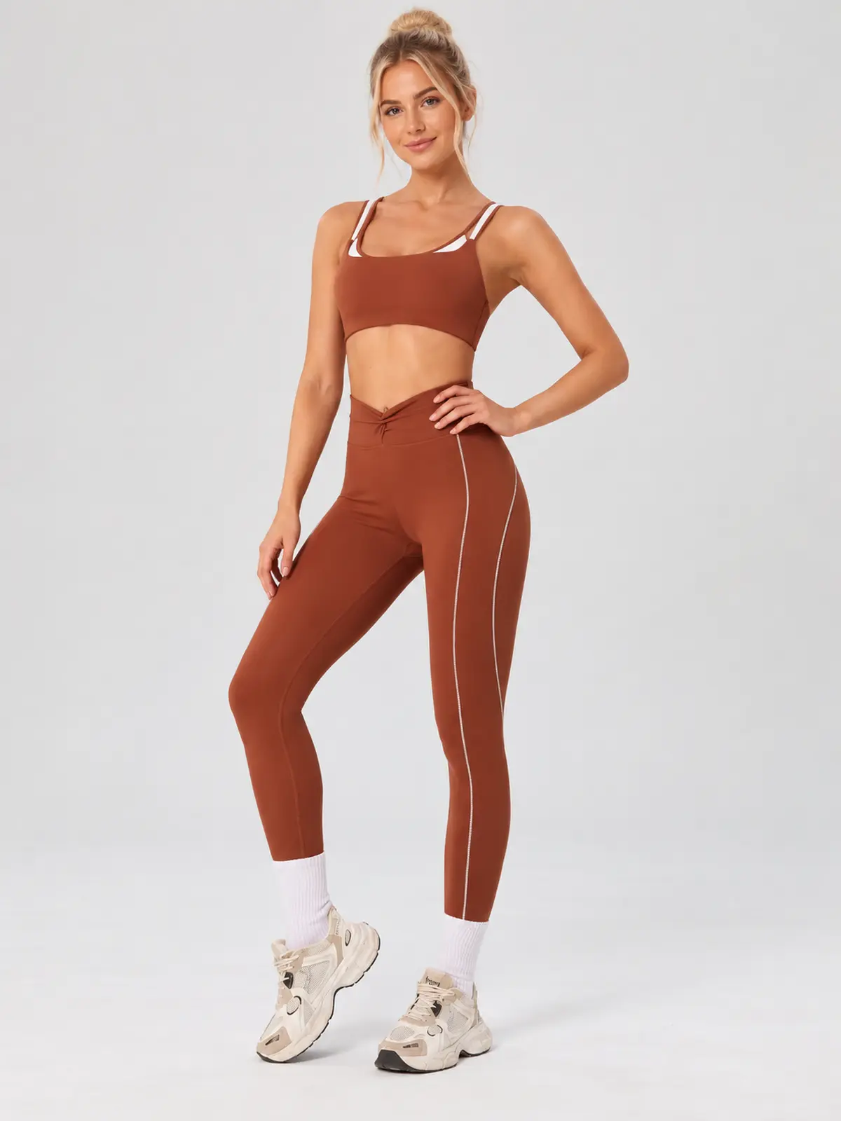 Halter Trace Contrast-Trim Tank Top and Full-Length Leggings Set — russet brown — general — authoritative variation image