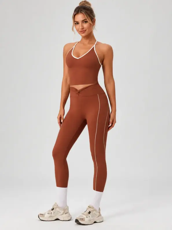 Halter Trace Contrast-Trim Tank Top and Full-Length Leggings Set — russet brown with white contrast trim — general — authoritative variation image