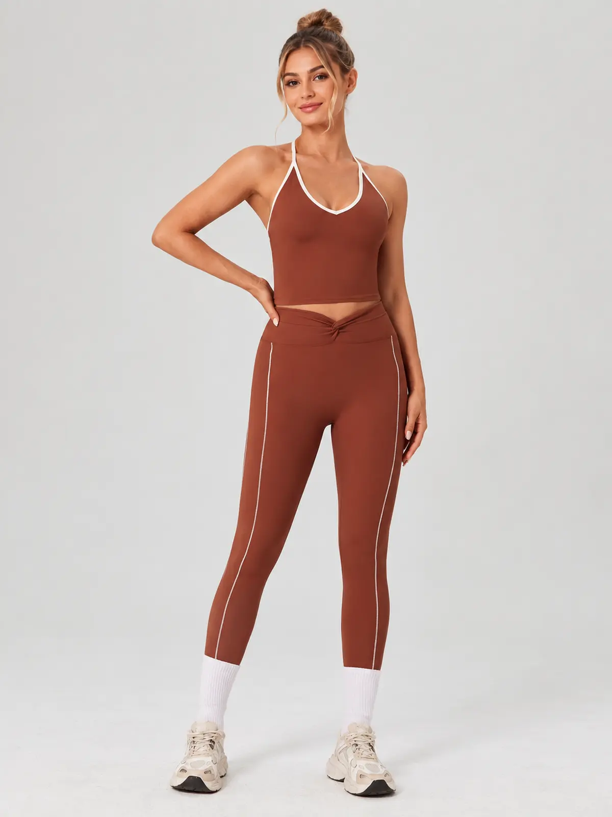 Halter Trace Contrast-Trim Tank Top and Full-Length Leggings Set — russet brown with white contrast trim — general — authoritative variation match