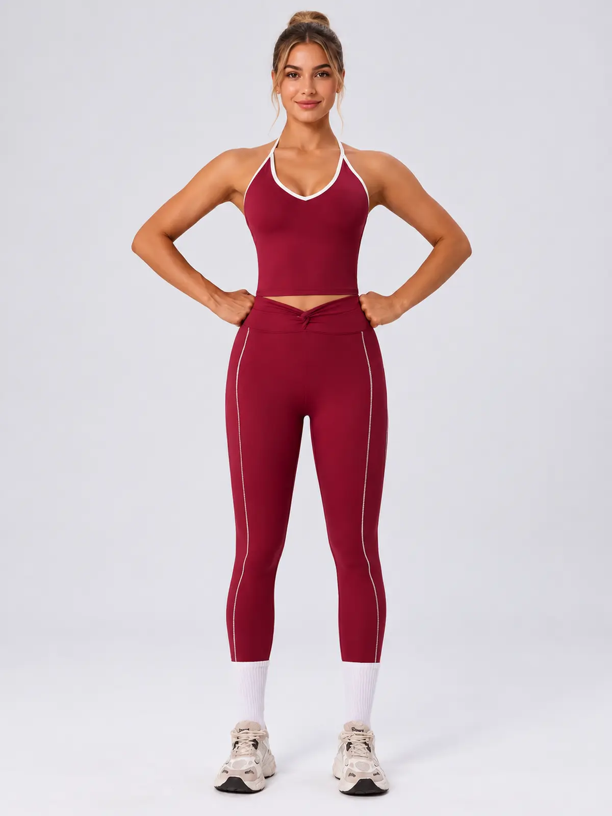 Halter Trace Contrast-Trim Tank Top and Full-Length Leggings Set — wine red — general — authoritative variation image