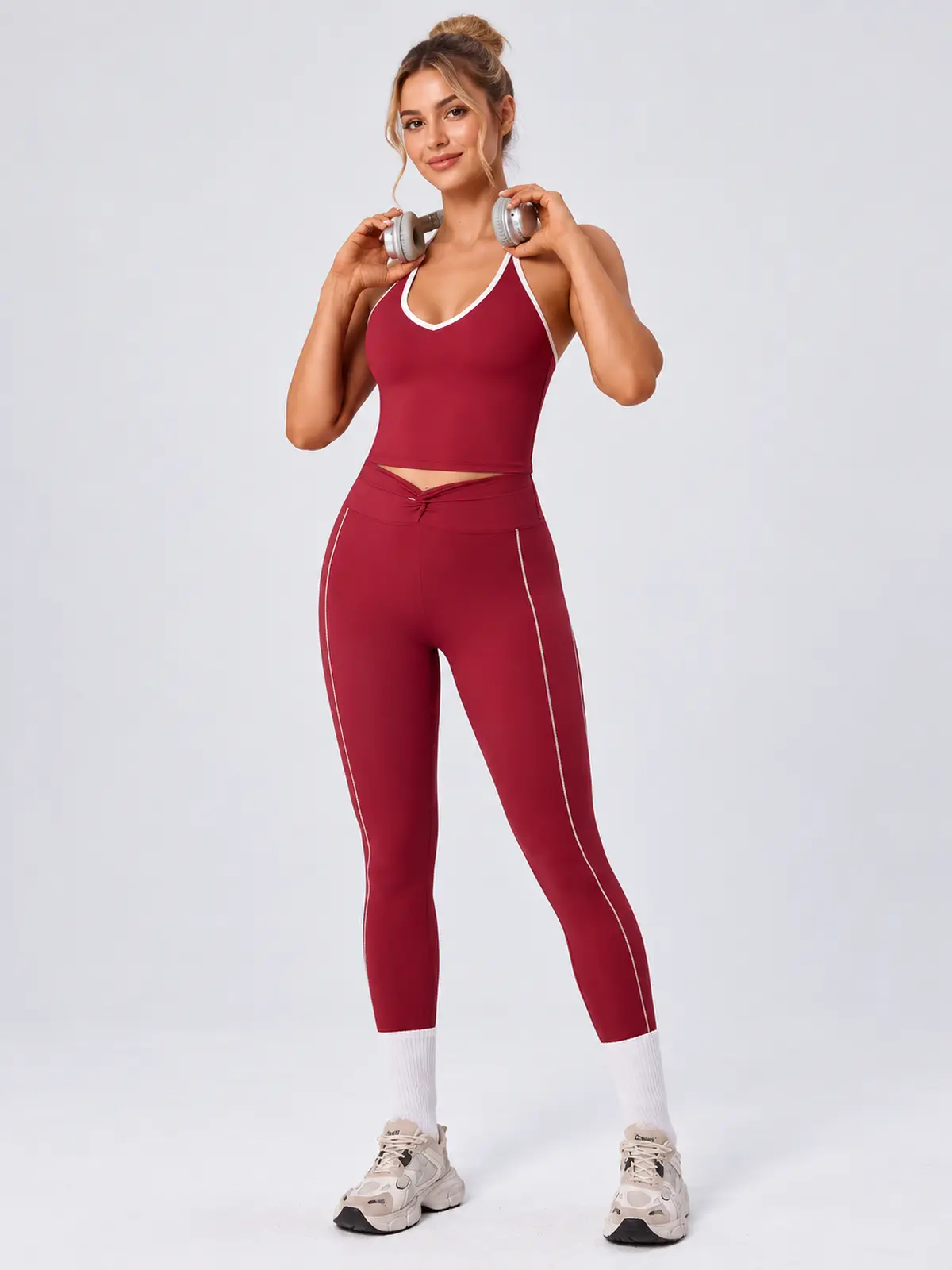 Halter Trace Contrast-Trim Tank Top and Full-Length Leggings Set — wine red — general — authoritative variation match