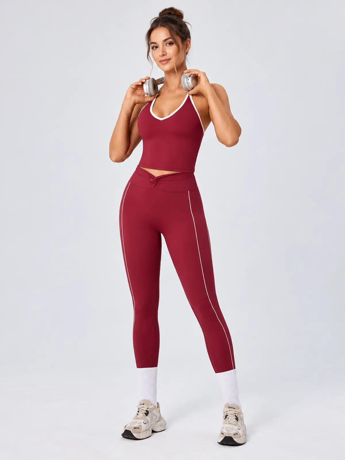 Halter Trace Contrast-Trim Tank Top and Full-Length Leggings Set — wine red — general — authoritative variation match