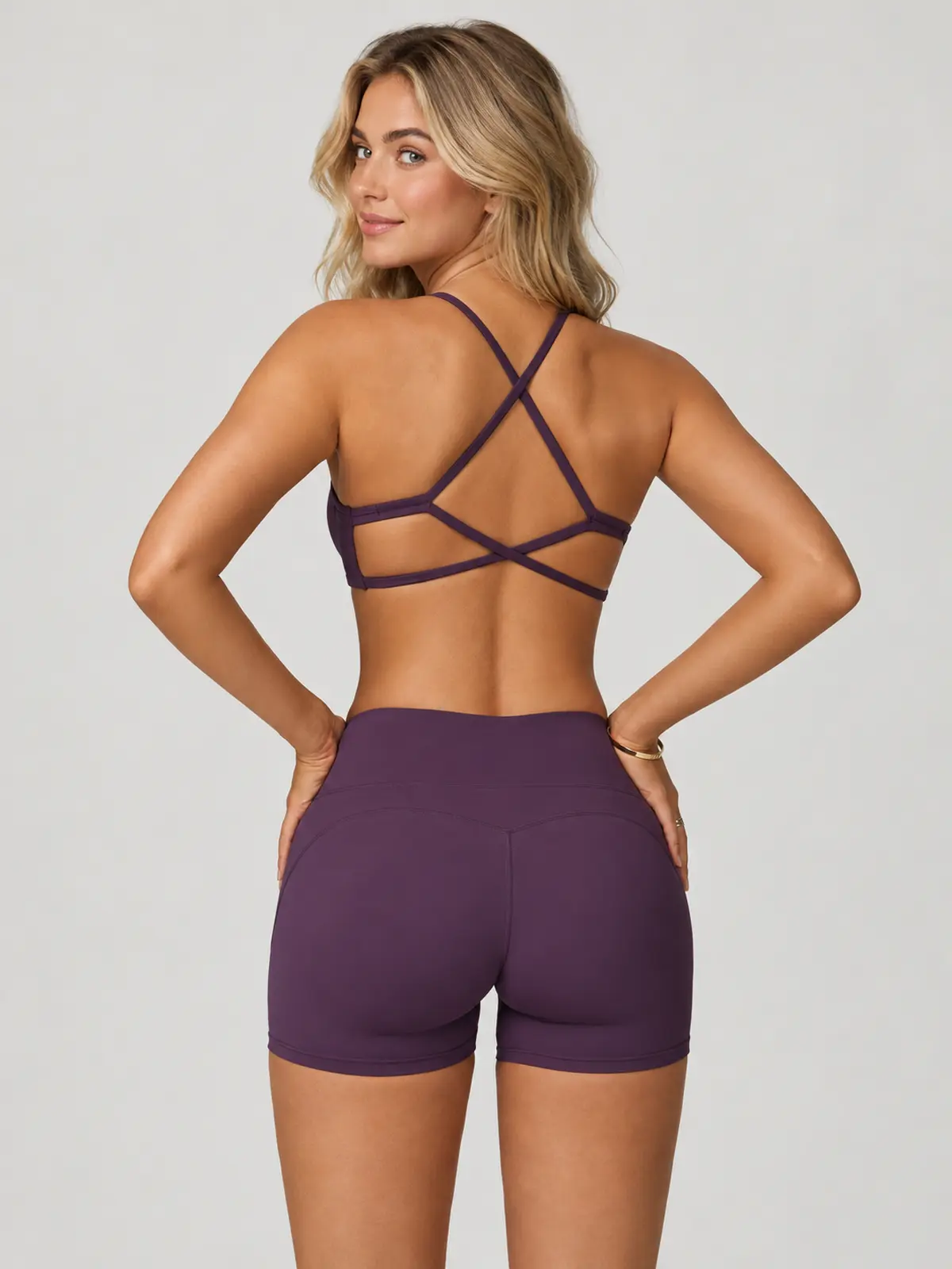 Juniper Lattice Cross-Back Scoop-Neck Sports Bra — deep purple — general — authoritative variation match