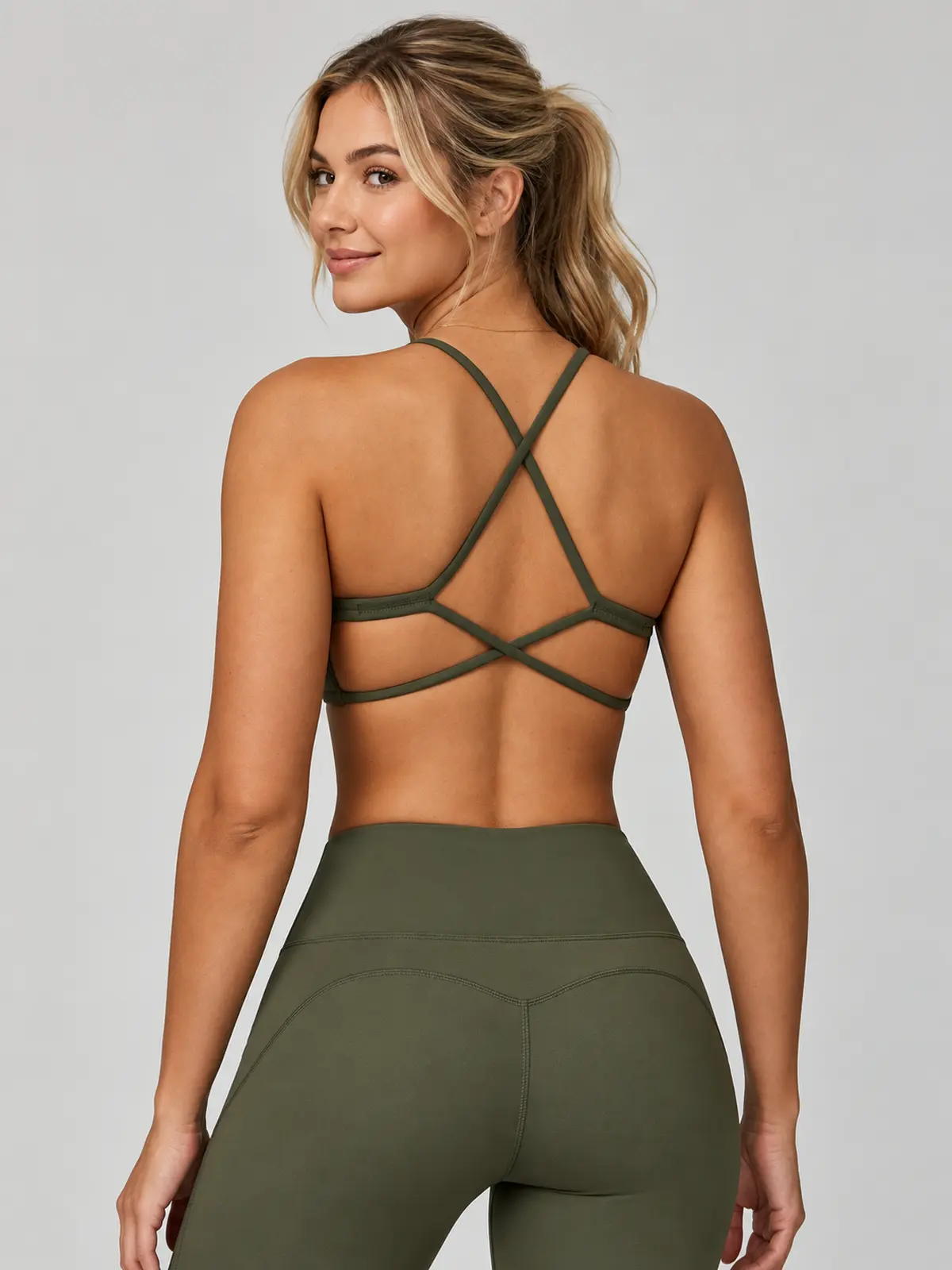Juniper Lattice Cross-Back Scoop-Neck Sports Bra — olive green — general — authoritative variation match