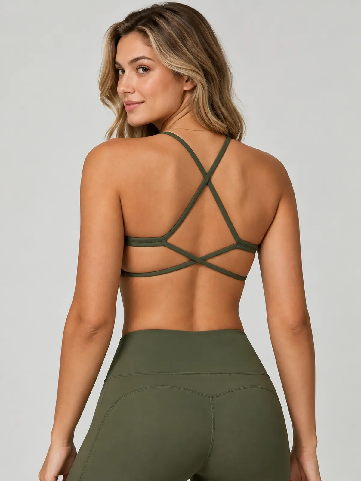 Juniper Lattice Cross-Back Scoop-Neck Sports Bra — olive green — sports-bra — authoritative variation match