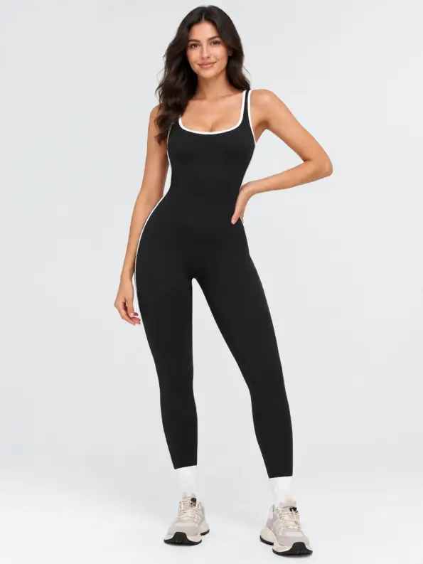 Lattice Orbit Sleeveless Scoop-Neck Contrast-Trim Yoga Jumpsuit — black — unitard — authoritative variation image