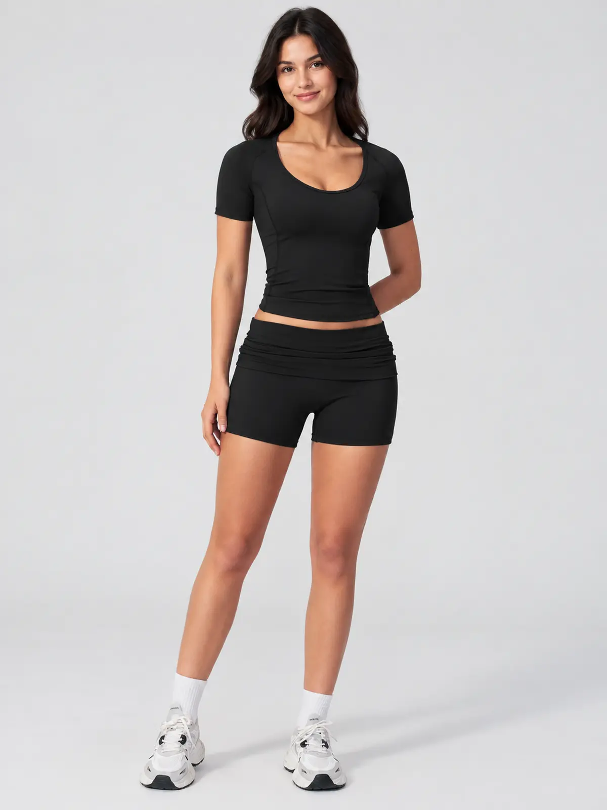 Lilting Passage Short-Sleeve Scoop-Neck Yoga T-Shirt — black — crop-top — authoritative variation match