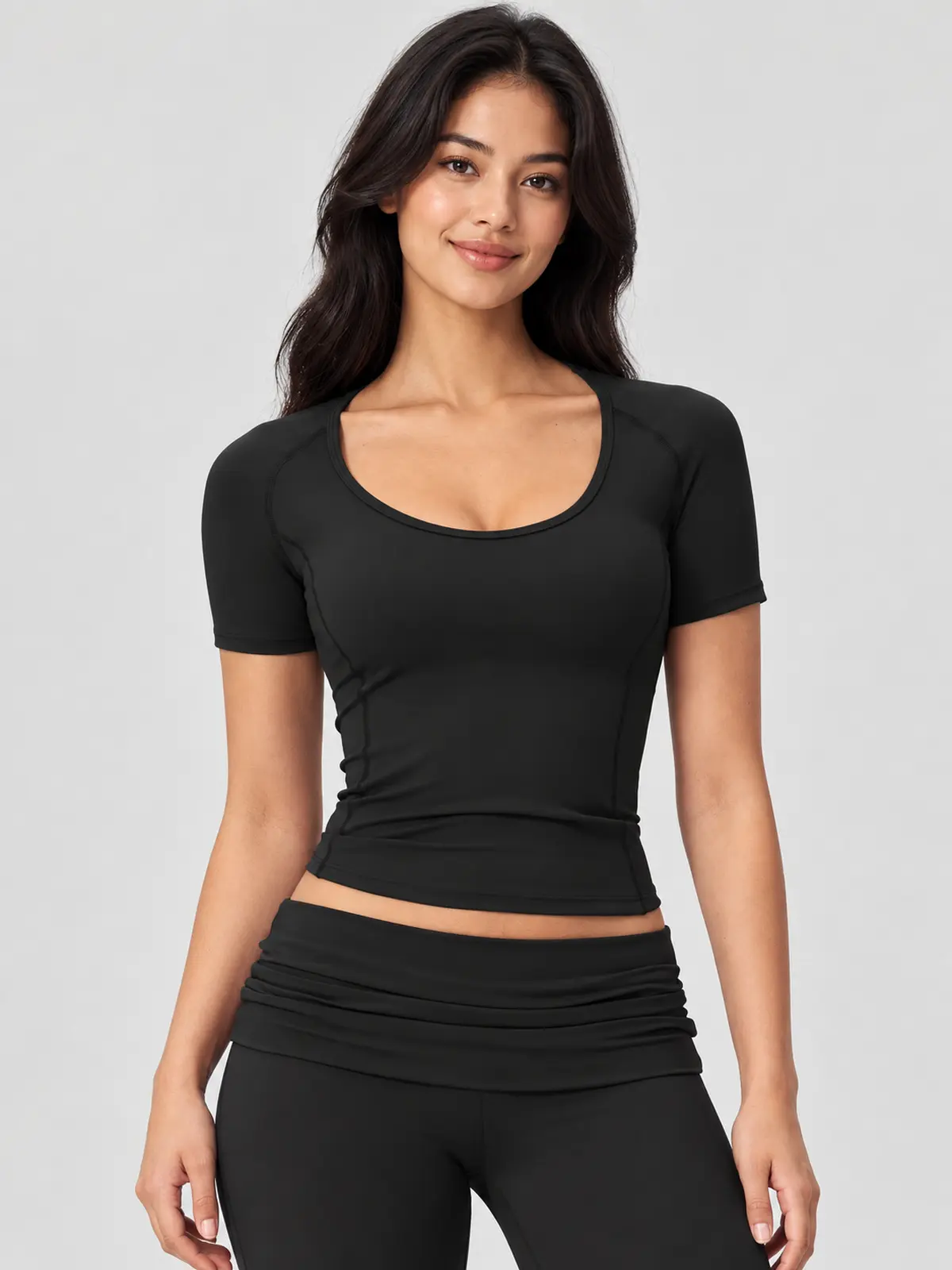 Lilting Passage Short-Sleeve Scoop-Neck Yoga T-Shirt — black — crop-top — authoritative variation match