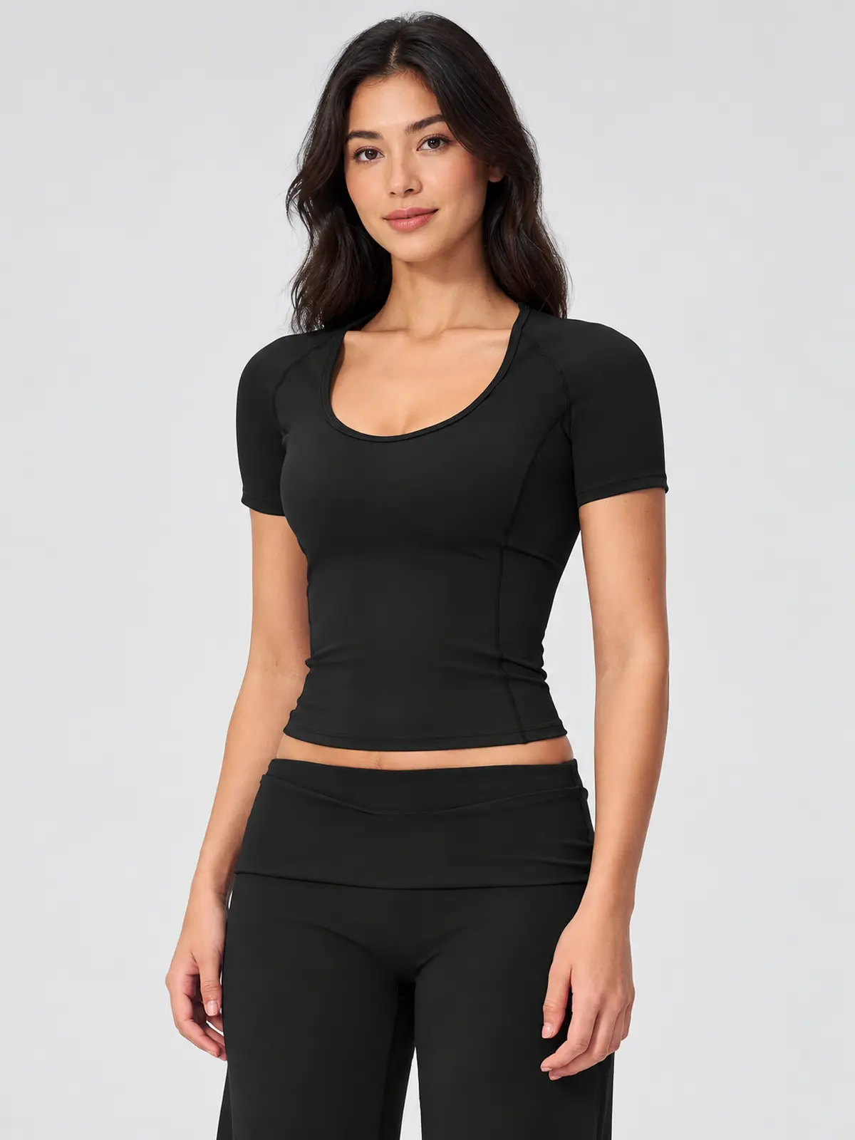 Lilting Passage Short-Sleeve Scoop-Neck Yoga T-Shirt — black — crop-top — authoritative variation match