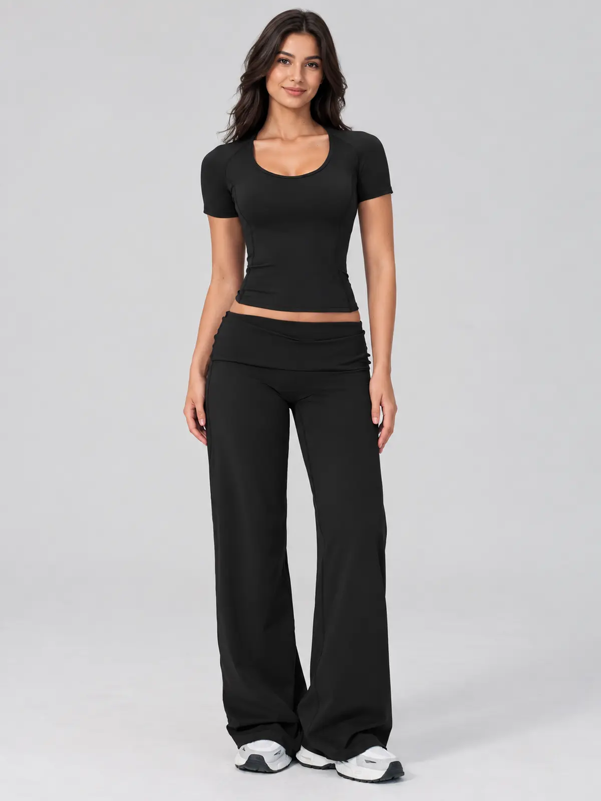 Lilting Passage Short-Sleeve Scoop-Neck Yoga T-Shirt — black — crop-top — authoritative variation match