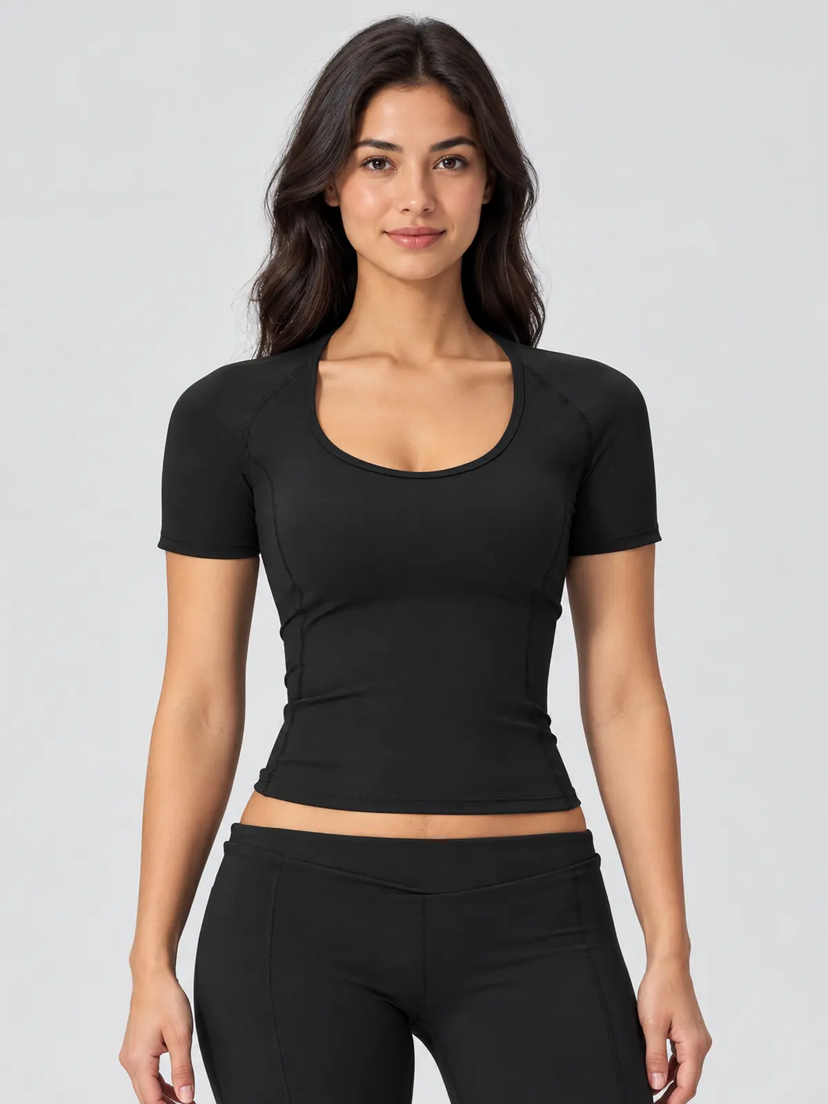 Lilting Passage Short-Sleeve Scoop-Neck Yoga T-Shirt — black — crop-top — authoritative variation match