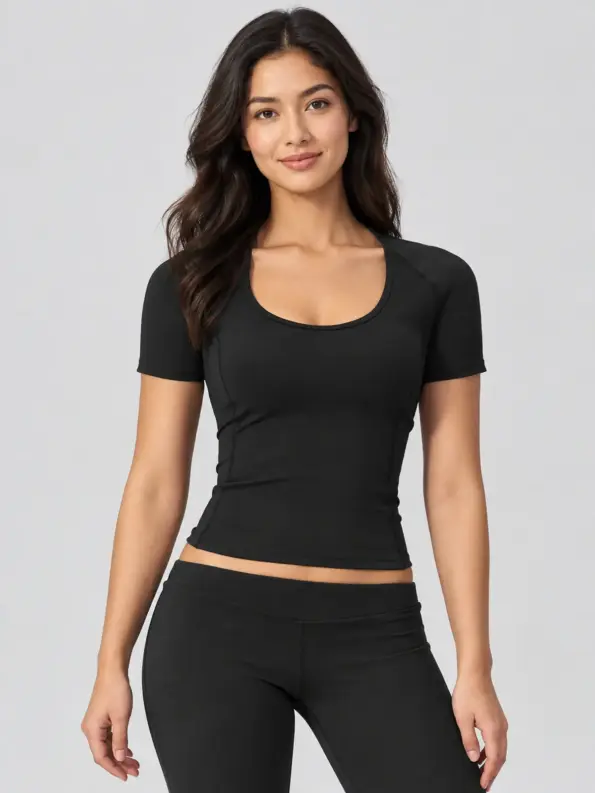 Lilting Passage Short-Sleeve Scoop-Neck Yoga T-Shirt — black — authoritative variation image