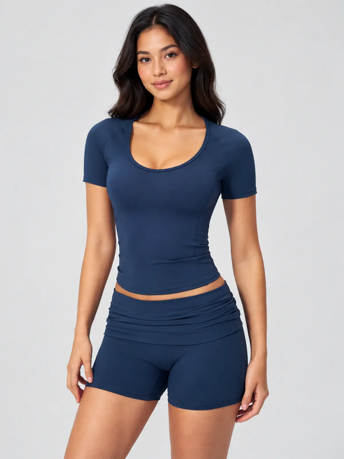Lilting Passage Short-Sleeve Scoop-Neck Yoga T-Shirt — dark blue — general — authoritative variation match