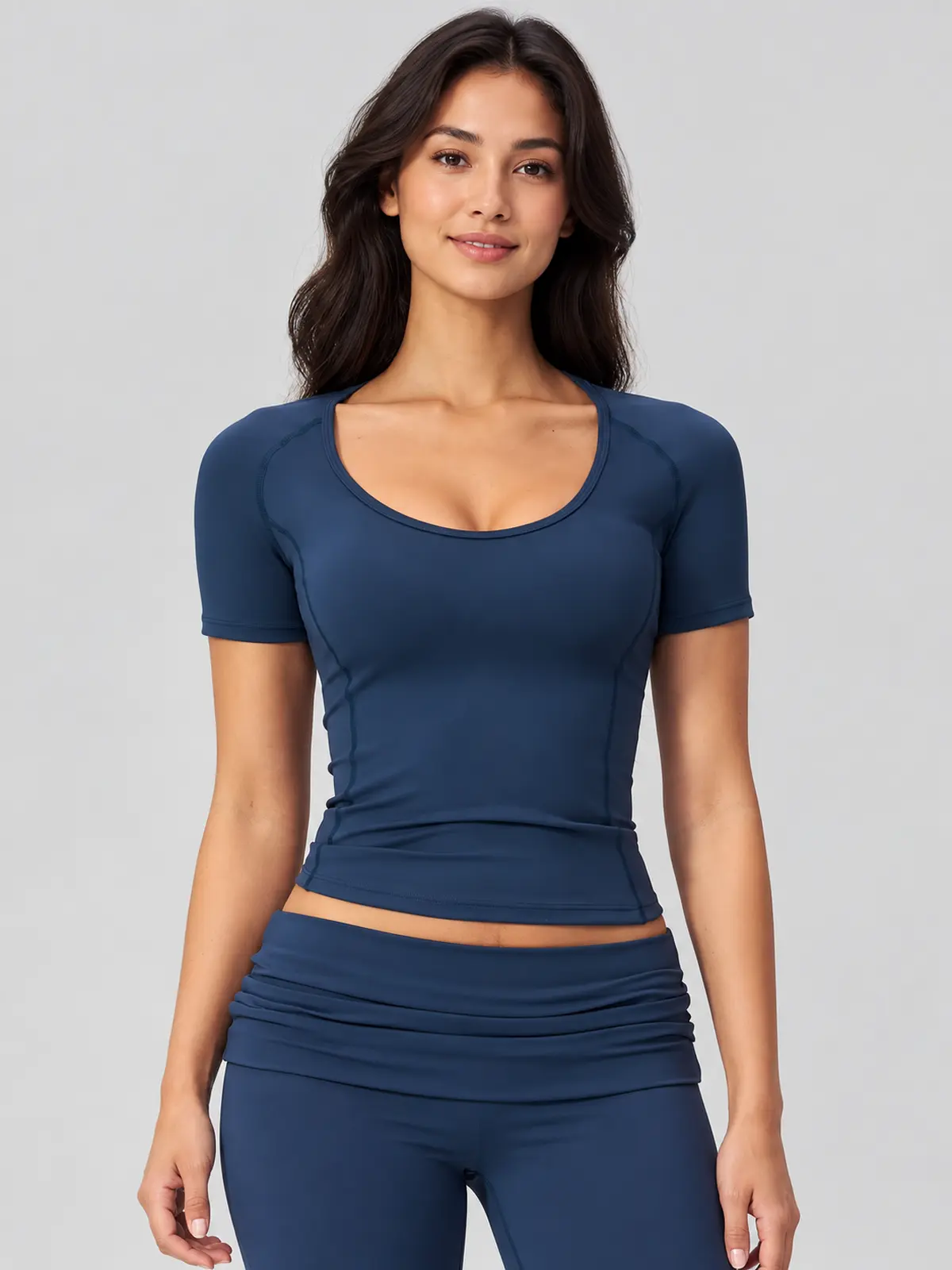 Lilting Passage Short-Sleeve Scoop-Neck Yoga T-Shirt — dark blue — general — authoritative variation match