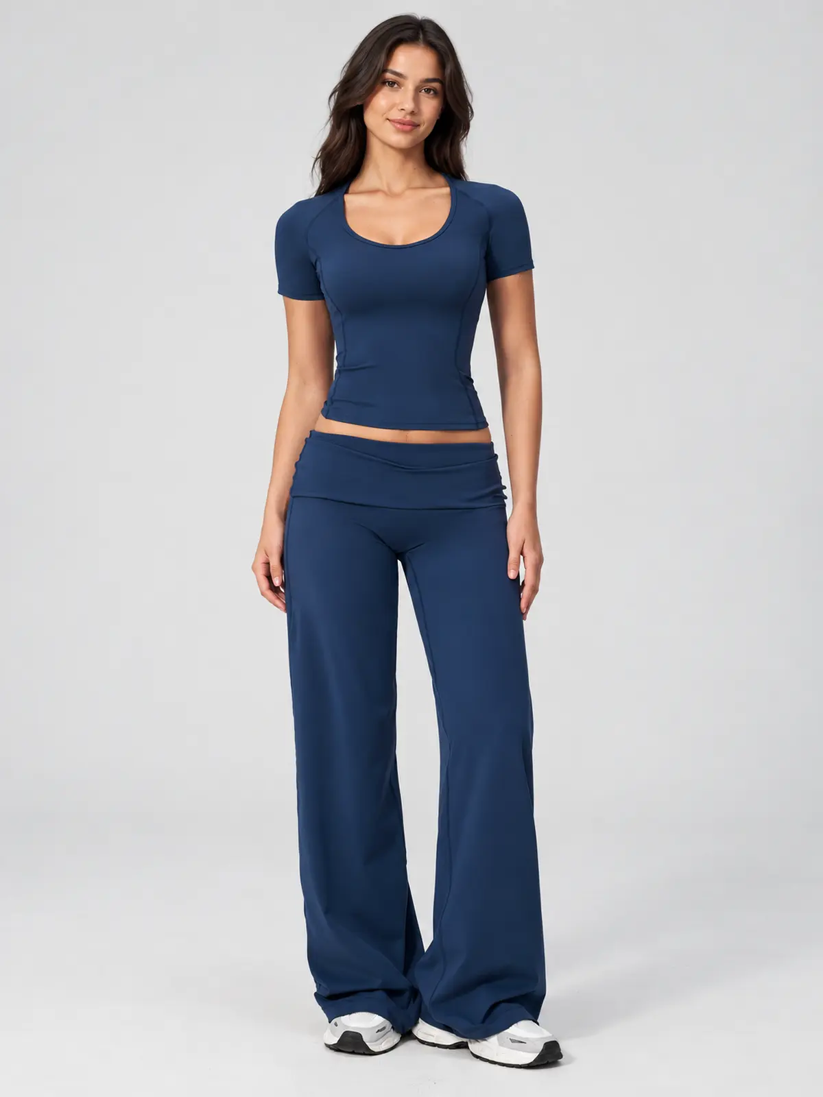 Lilting Passage Short-Sleeve Scoop-Neck Yoga T-Shirt — dark blue — general — authoritative variation match