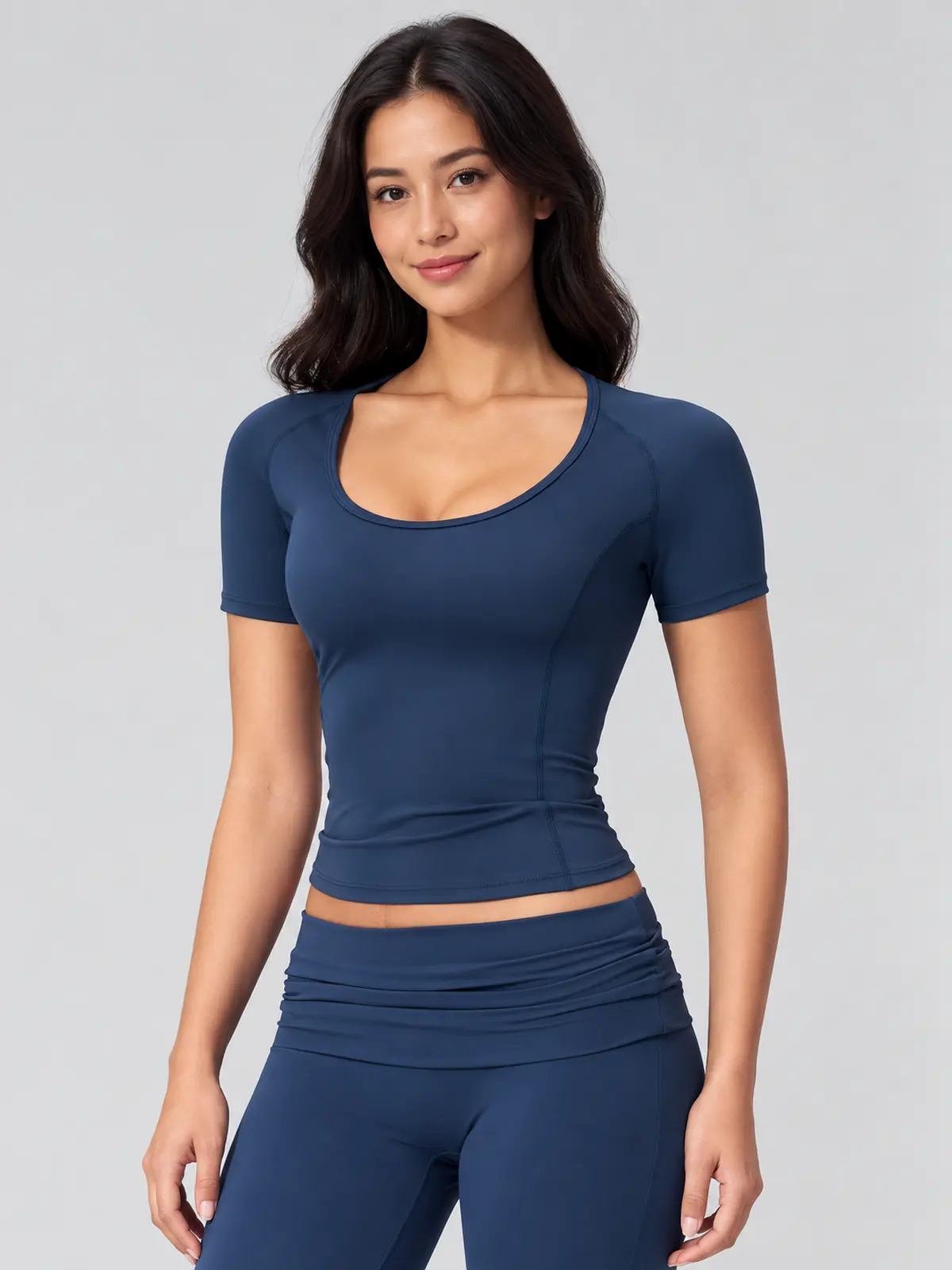 Lilting Passage Short-Sleeve Scoop-Neck Yoga T-Shirt — dark blue — general — authoritative variation match