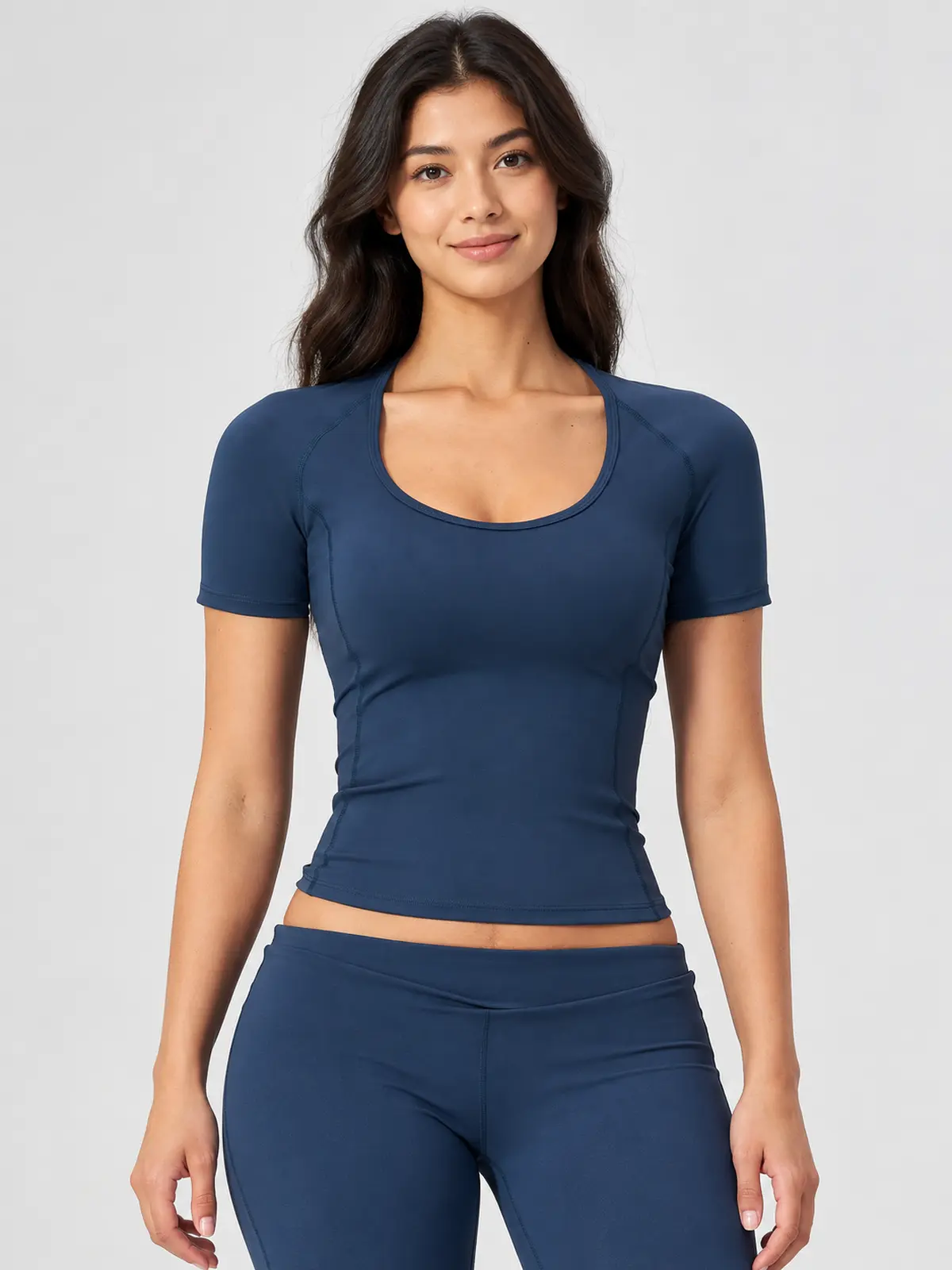 Lilting Passage Short-Sleeve Scoop-Neck Yoga T-Shirt — dark blue — authoritative variation image