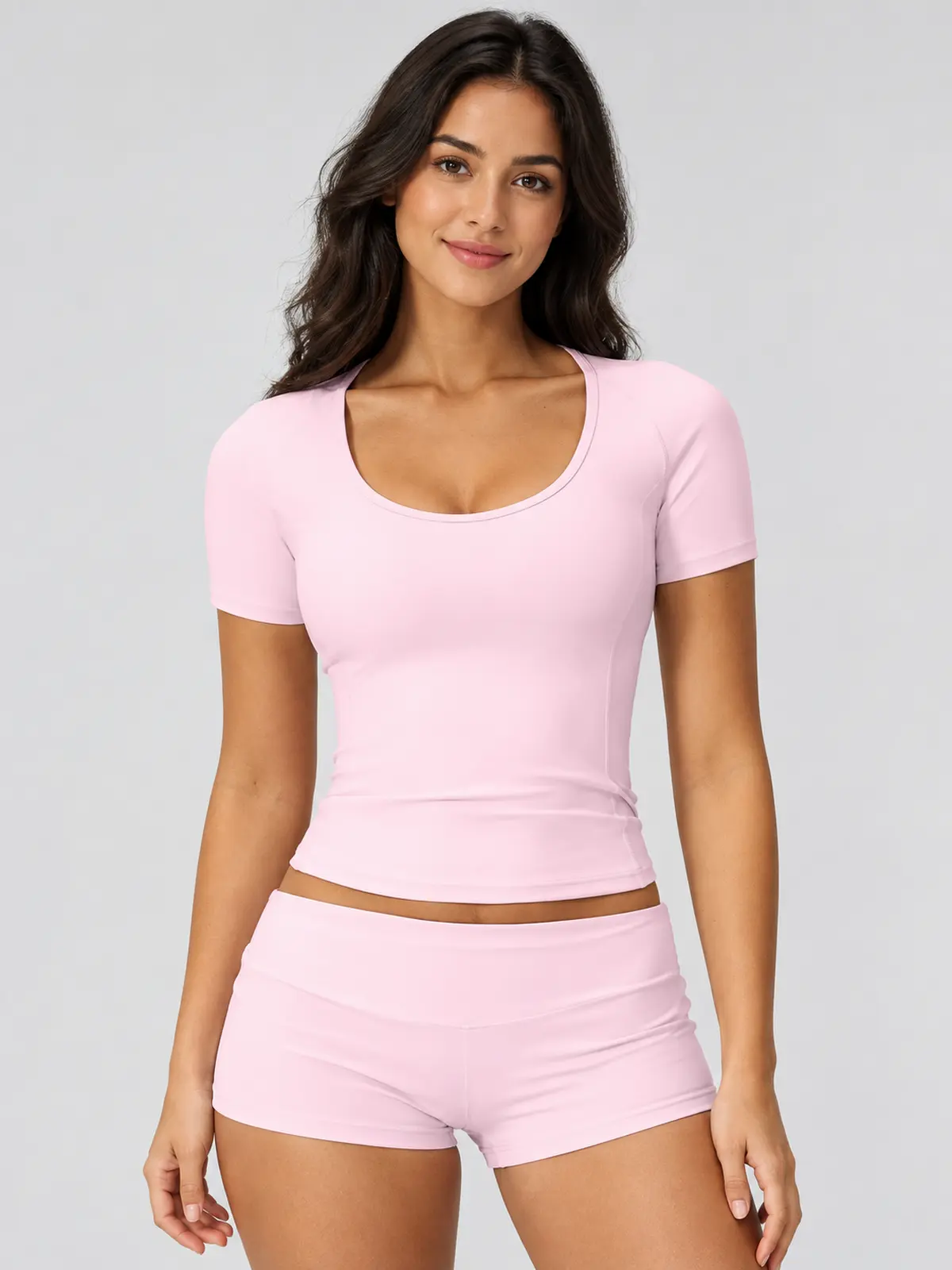 Lilting Passage Short-Sleeve Scoop-Neck Yoga T-Shirt — light pink — crop-top — authoritative variation match
