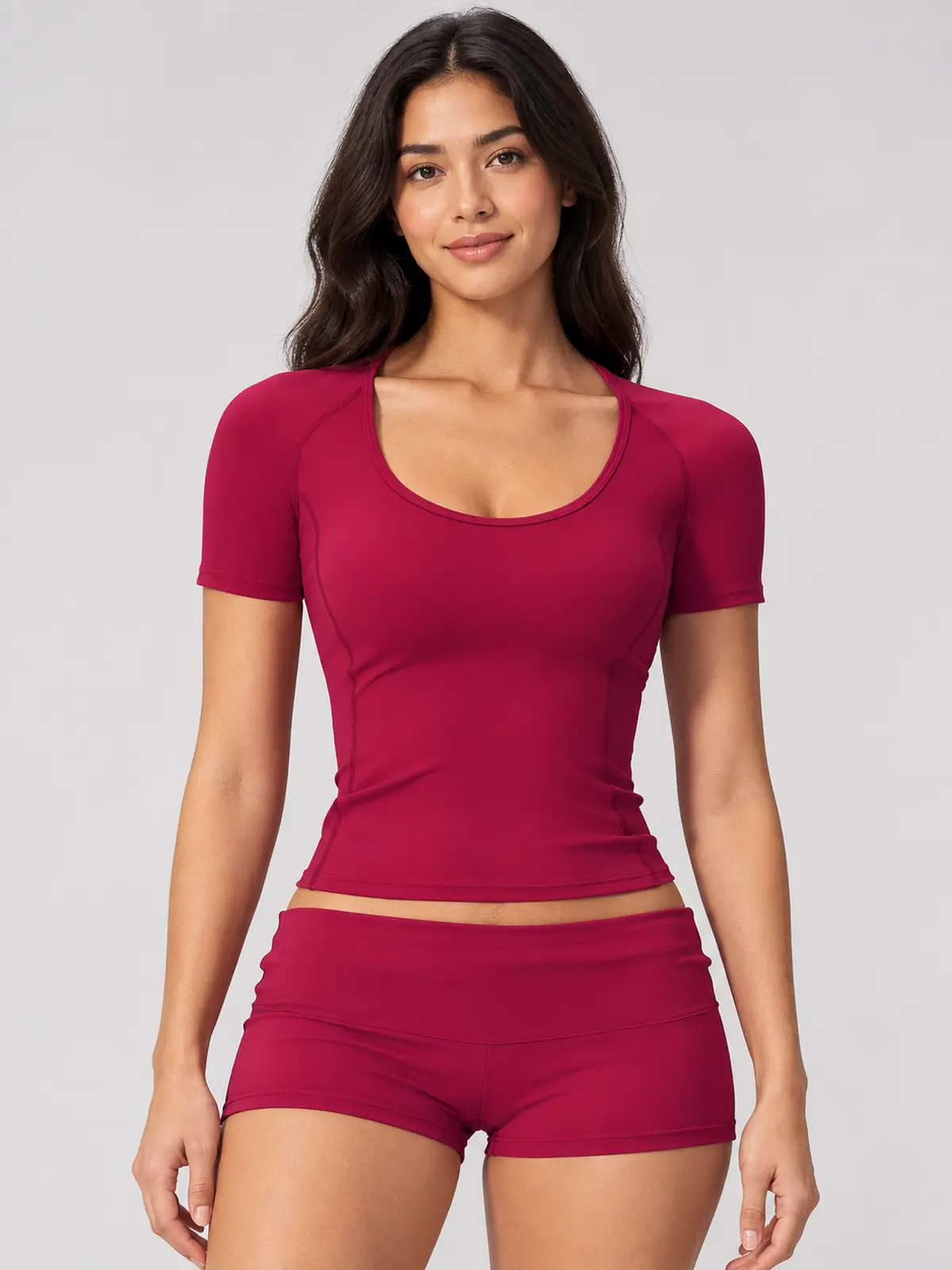 Lilting Passage Short-Sleeve Scoop-Neck Yoga T-Shirt — raspberry red — crop-top — authoritative variation match