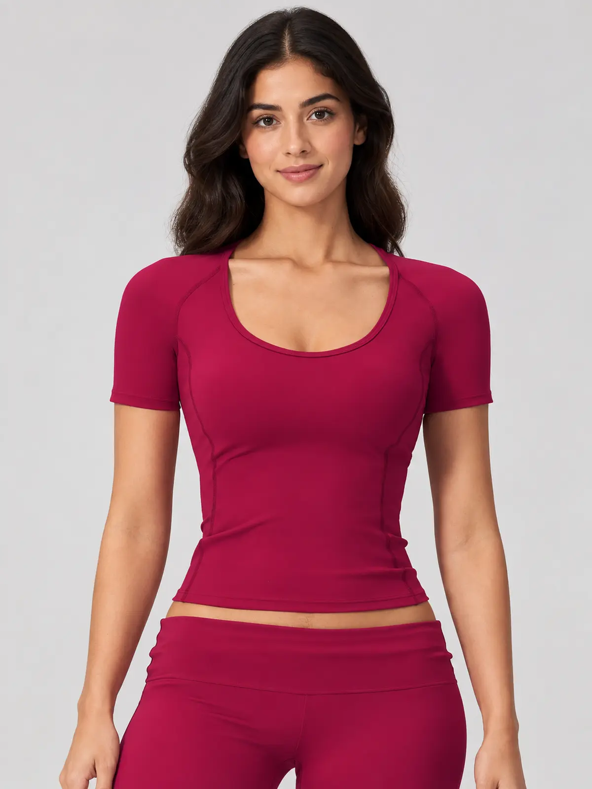 Lilting Passage Short-Sleeve Scoop-Neck Yoga T-Shirt — raspberry red — authoritative variation image