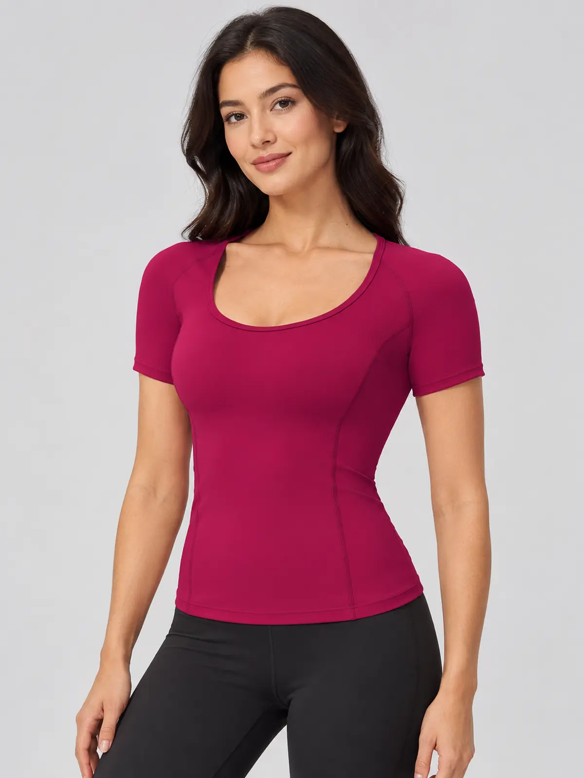 Lilting Passage Short-Sleeve Scoop-Neck Yoga T-Shirt — raspberry red — authoritative variation match