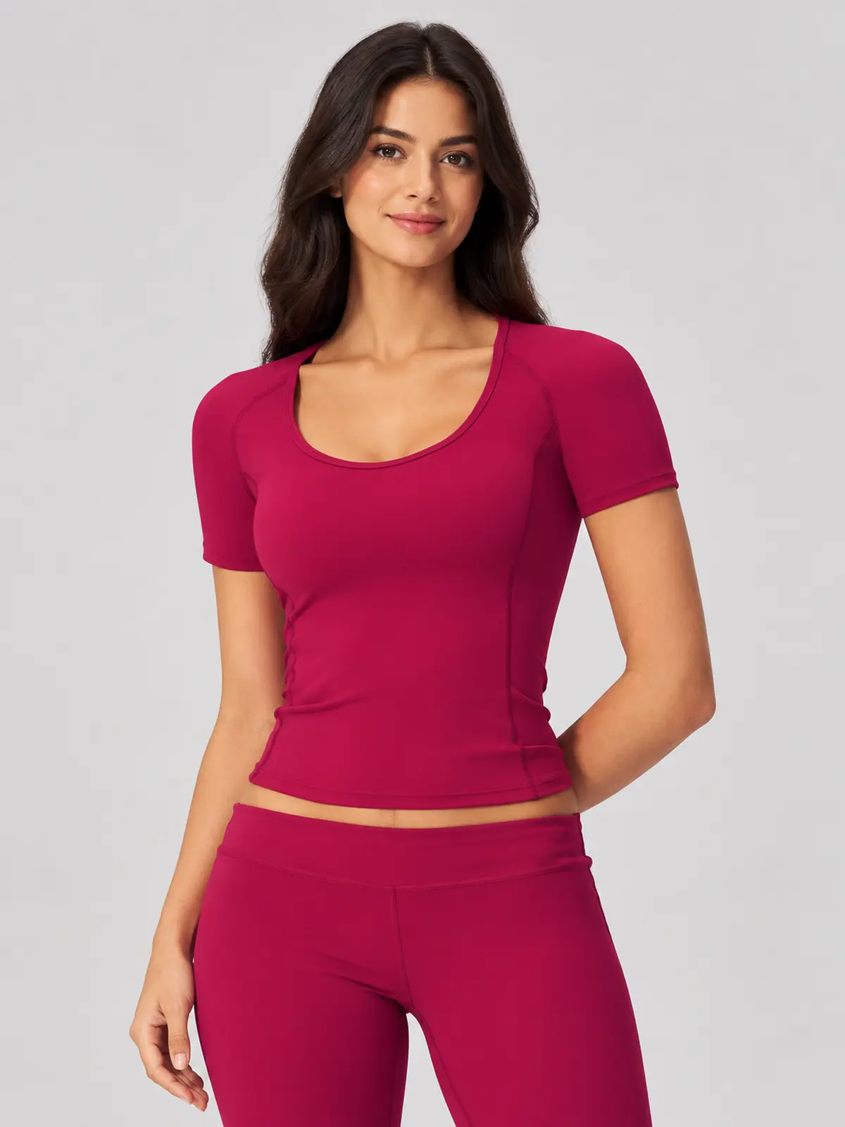 Lilting Passage Short-Sleeve Scoop-Neck Yoga T-Shirt — raspberry red — authoritative variation match