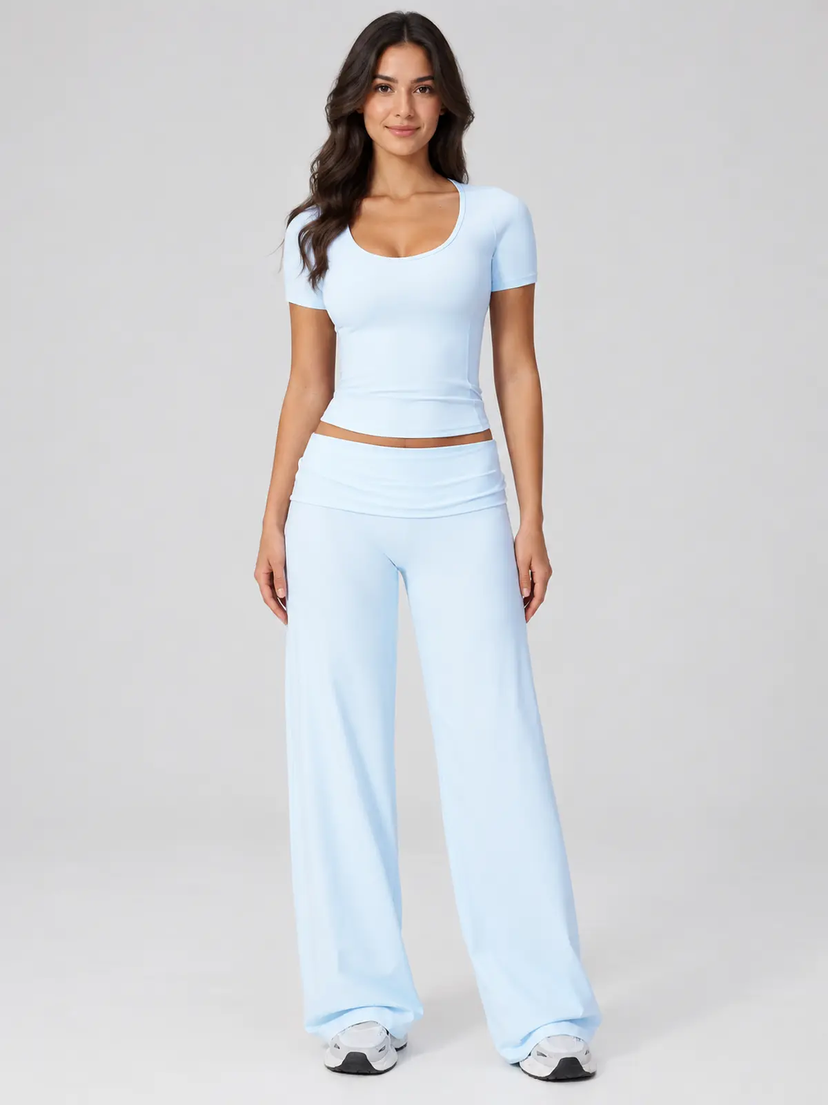 Lilting Passage Short-Sleeve Scoop-Neck Yoga T-Shirt — very pale blue — general — authoritative variation match