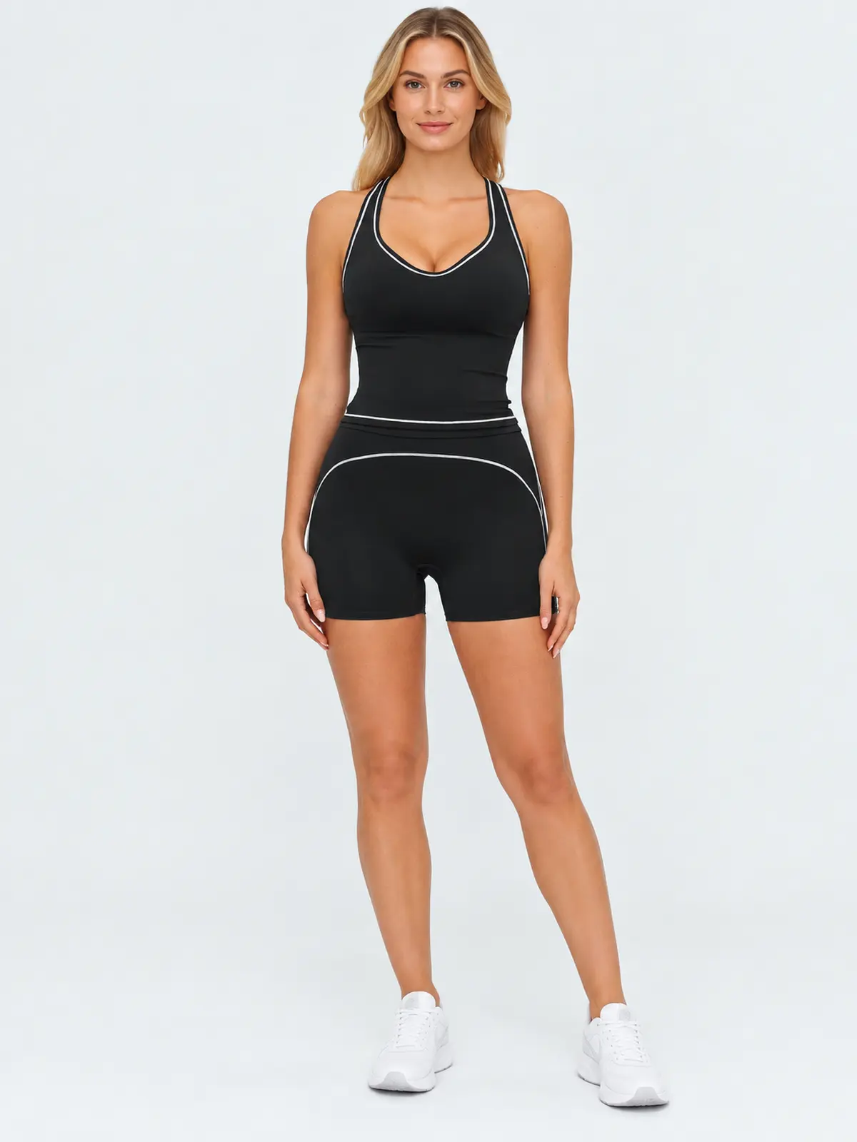Lumen Caravan Sleeveless Top and Shorts Set — black with white contrast piping — romper — authoritative variation image